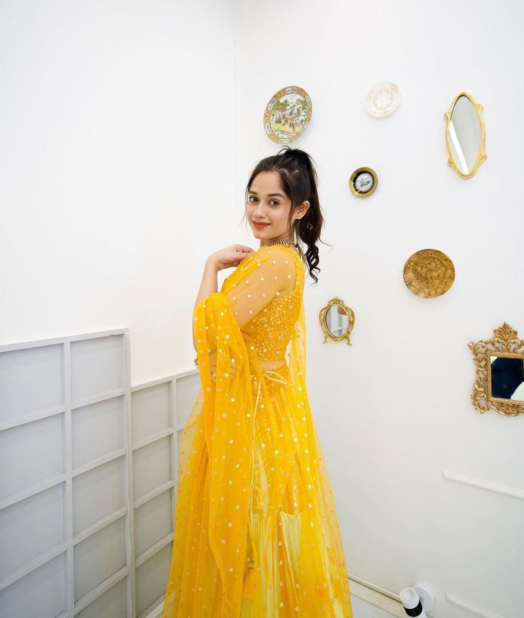 Jannat Zubair Designer Yellow Lehenga Choli By Swaya World