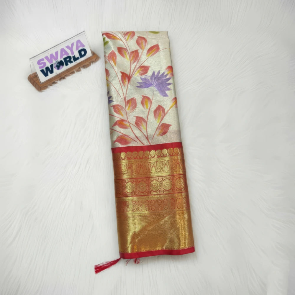 Red colour Soft Banarasi tissue silk saree with hand‑painted jaal and contrast Kanchi border,  featuring the brand 'Swaya World'.