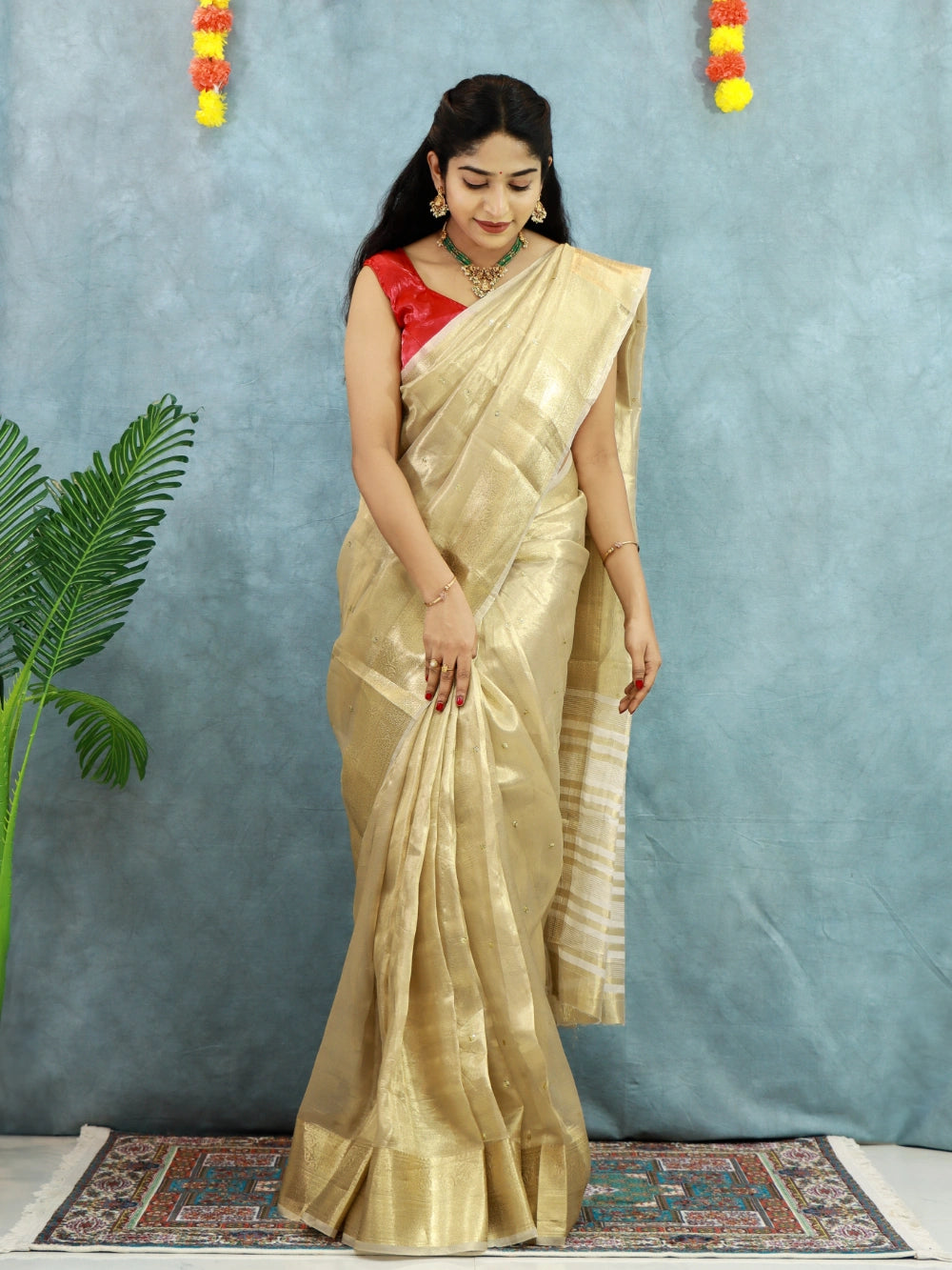 Gold Tissue Silk Saree with Embroidery, Sequins Butti, Jacquard Border & Chit Weaving Pallu – Contrast Designer Blouse Included