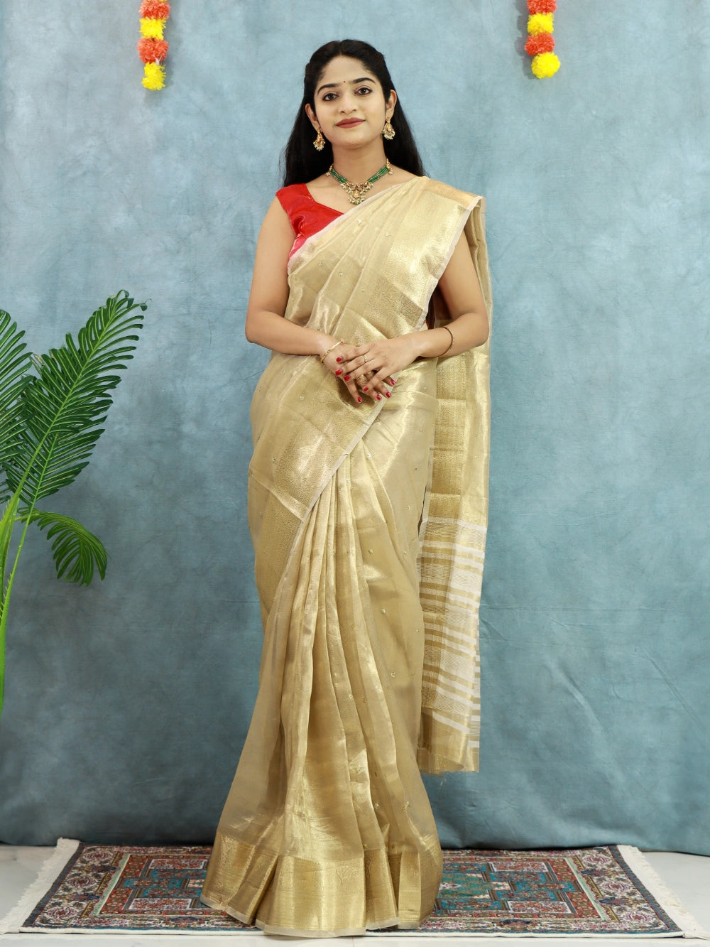 Gold Tissue Silk Saree with Embroidery, Sequins Butti, Jacquard Border & Chit Weaving Pallu – Contrast Designer Blouse Included