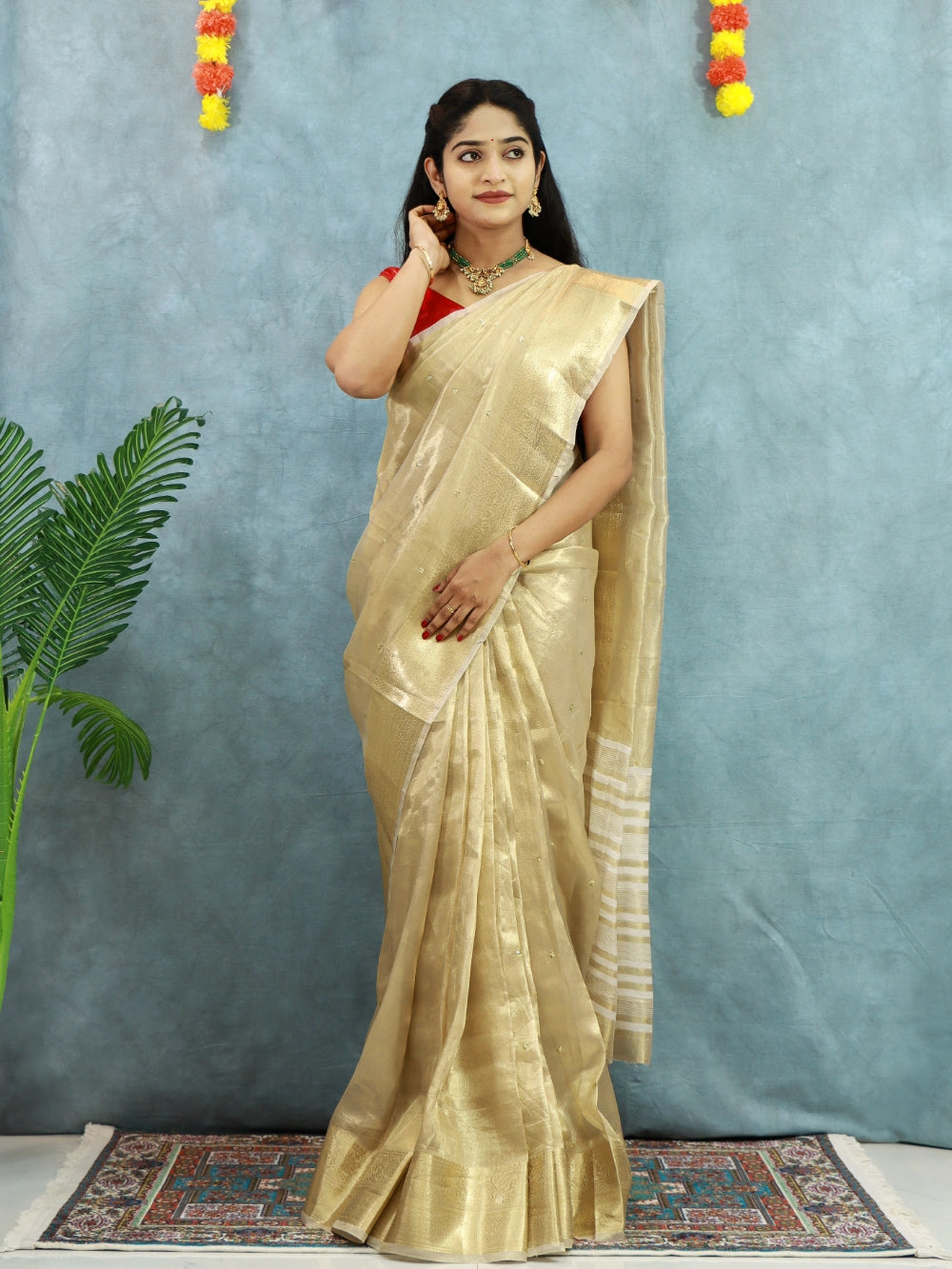 Gold Tissue Silk Saree with Embroidery, Sequins Butti, Jacquard Border & Chit Weaving Pallu – Contrast Designer Blouse Included