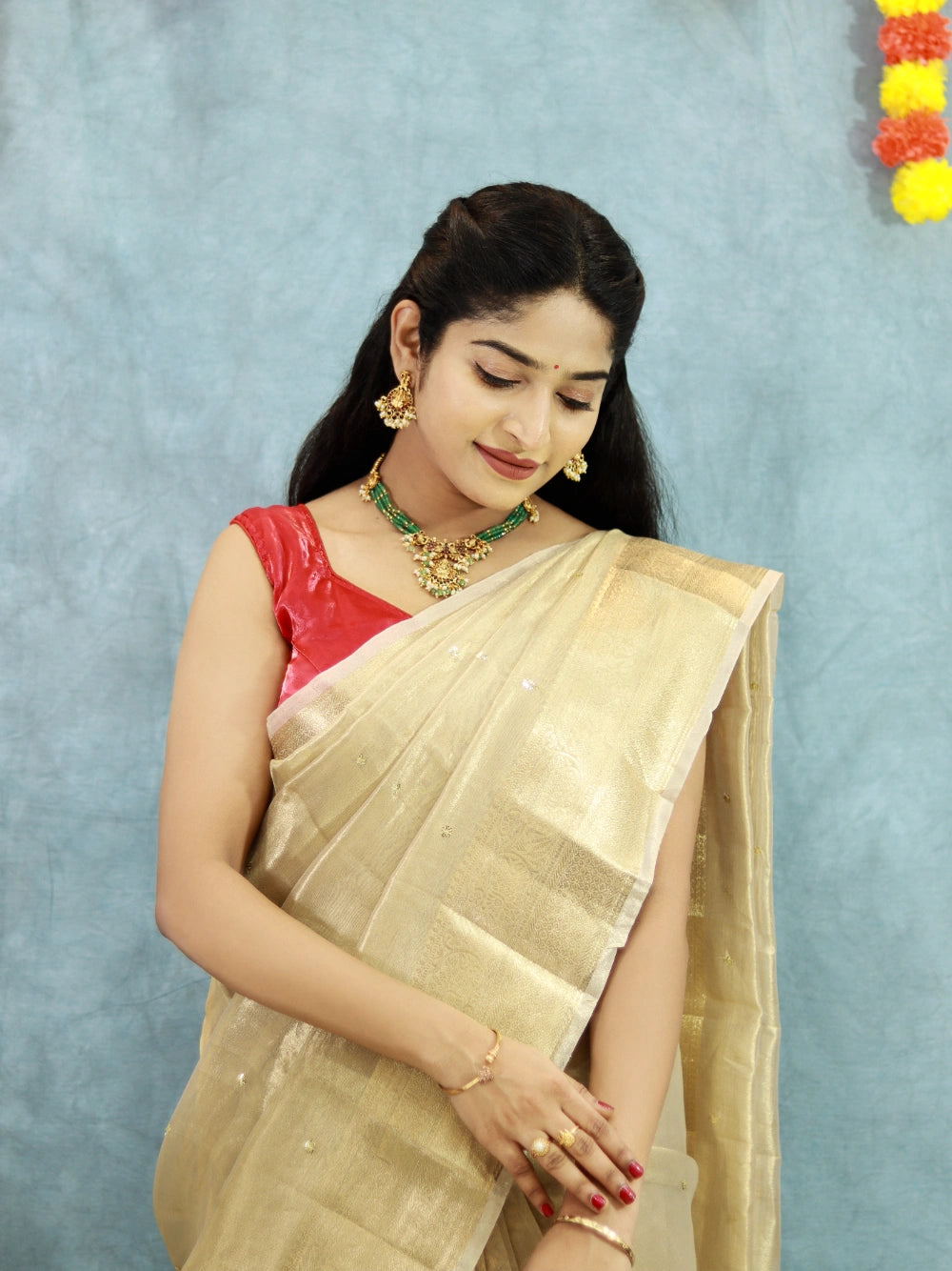 Gold Tissue Silk Saree with Embroidery, Sequins Butti, Jacquard Border & Chit Weaving Pallu – Contrast Designer Blouse Included