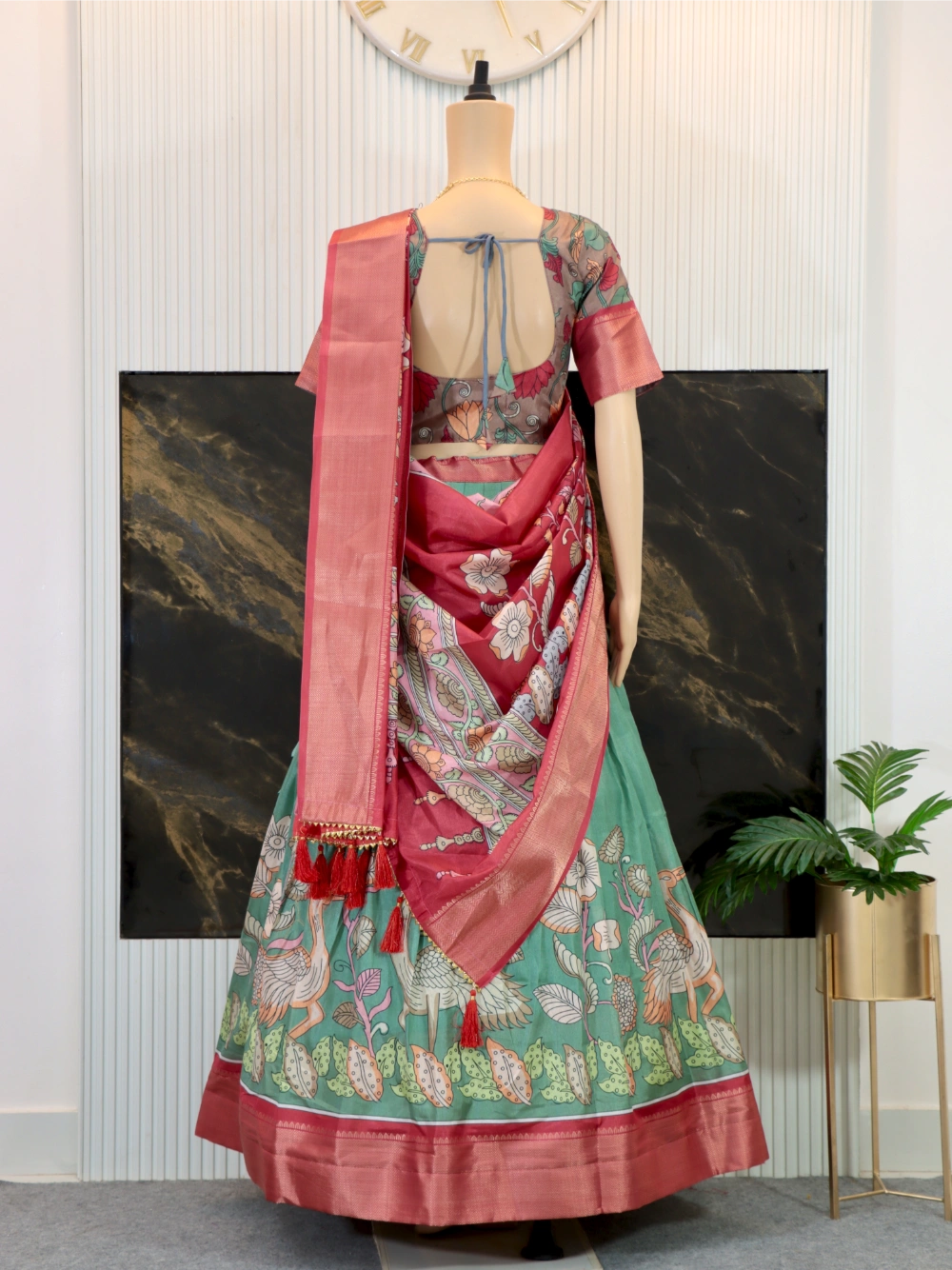 Trending Dola Silk Lehenga Choli with Kalamkari Print and Designer Blouse in Yellow, Green, Pink, and Cream - By Swaya World