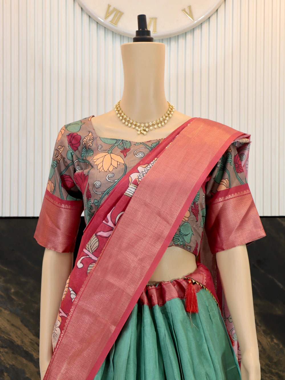 Trending Dola Silk Lehenga Choli with Kalamkari Print and Designer Blouse in Yellow, Green, Pink, and Cream - By Swaya World