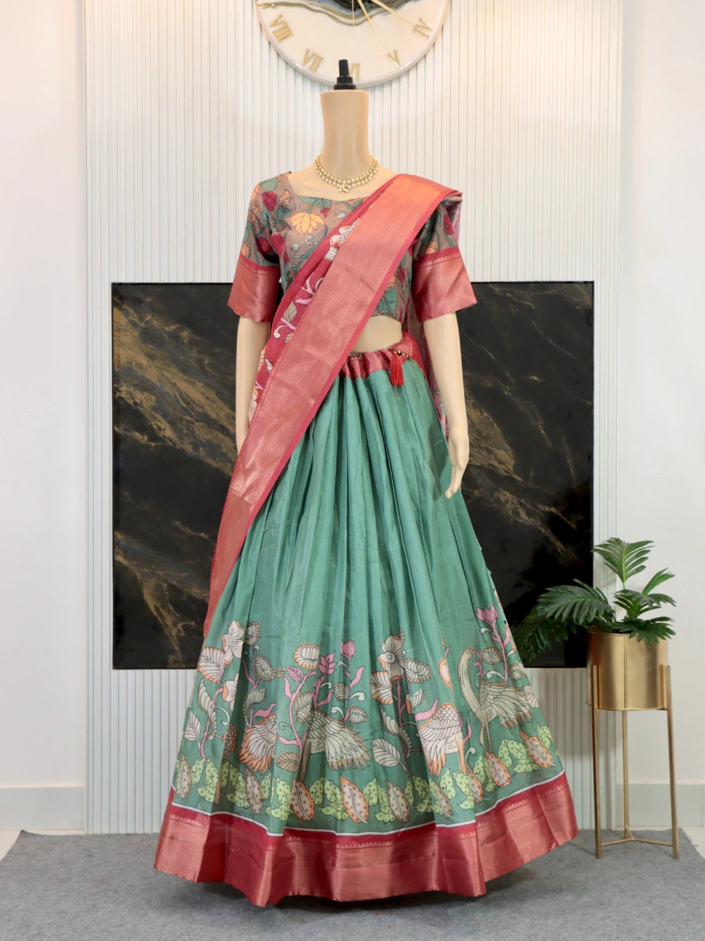 Trending Dola Silk Lehenga Choli with Kalamkari Print and Designer Blouse in Yellow, Green, Pink, and Cream - By Swaya World