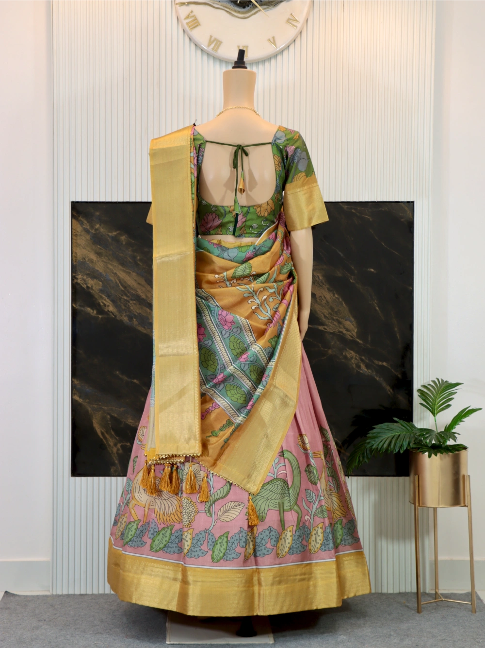 Trending Dola Silk Lehenga Choli with Kalamkari Print and Designer Blouse in Yellow, Green, Pink, and Cream - By Swaya World