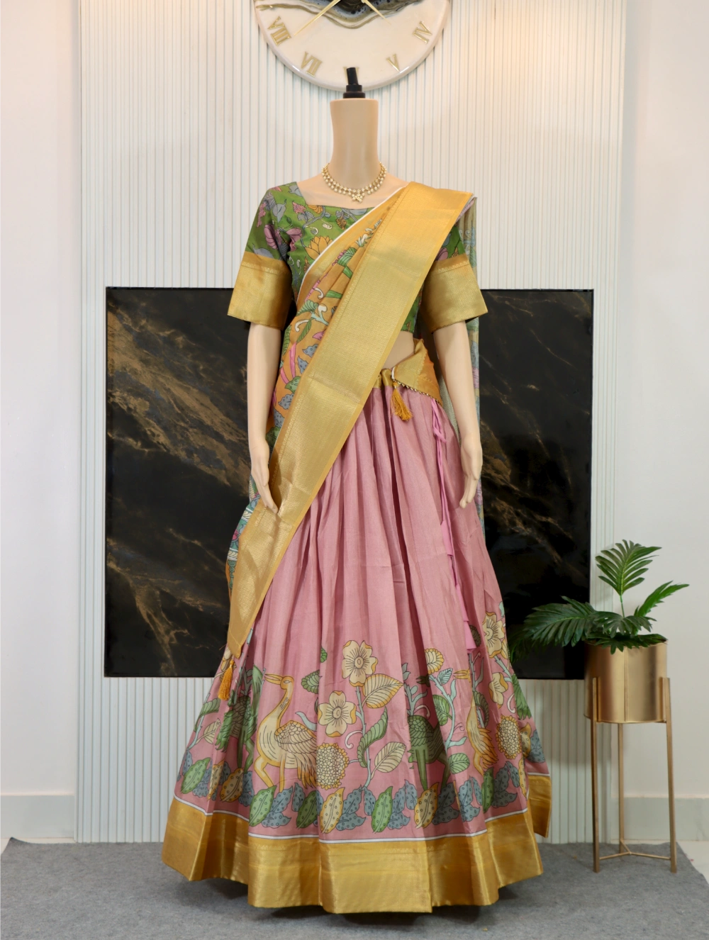 Trending Dola Silk Lehenga Choli with Kalamkari Print and Designer Blouse in Yellow, Green, Pink, and Cream - By Swaya World
