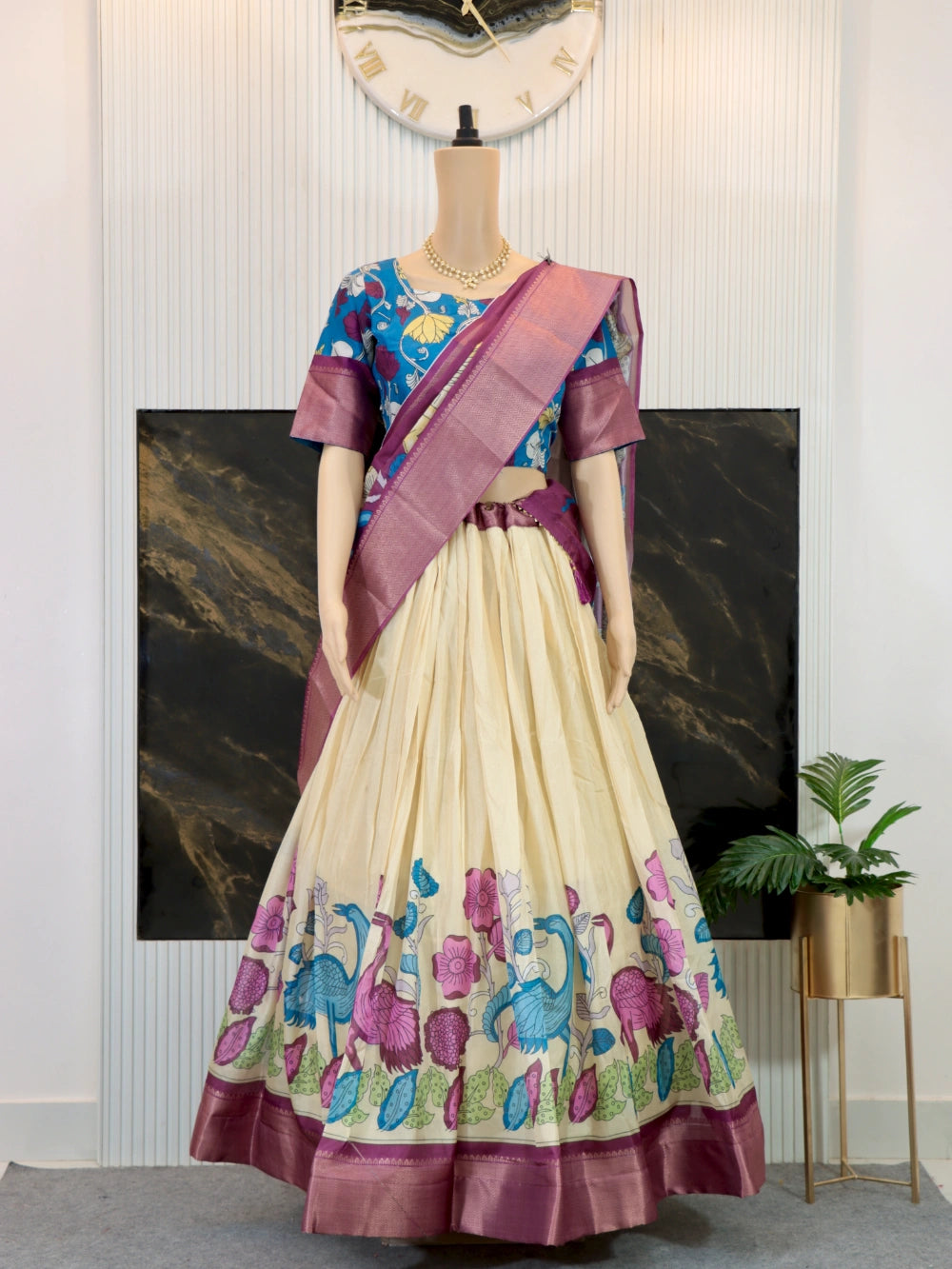Trending Dola Silk Lehenga Choli with Kalamkari Print and Designer Blouse in Yellow, Green, Pink, and Cream - By Swaya World