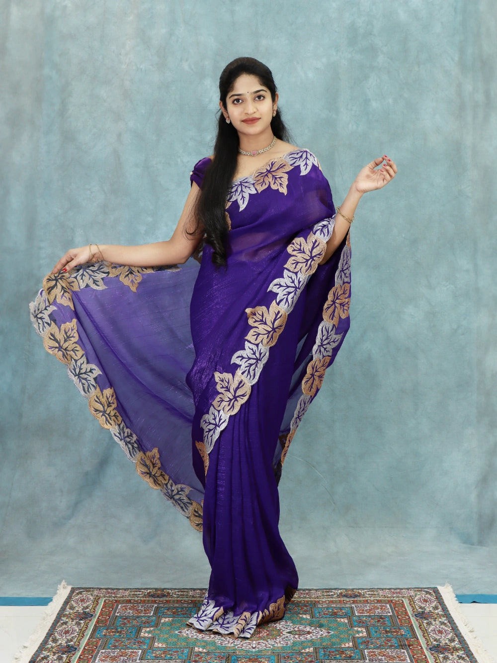 Violet Crunchy Crush Silk Saree with Leaf Motif Zari Embroidery, Cutwork Border & Running Blouse – Designer Launch