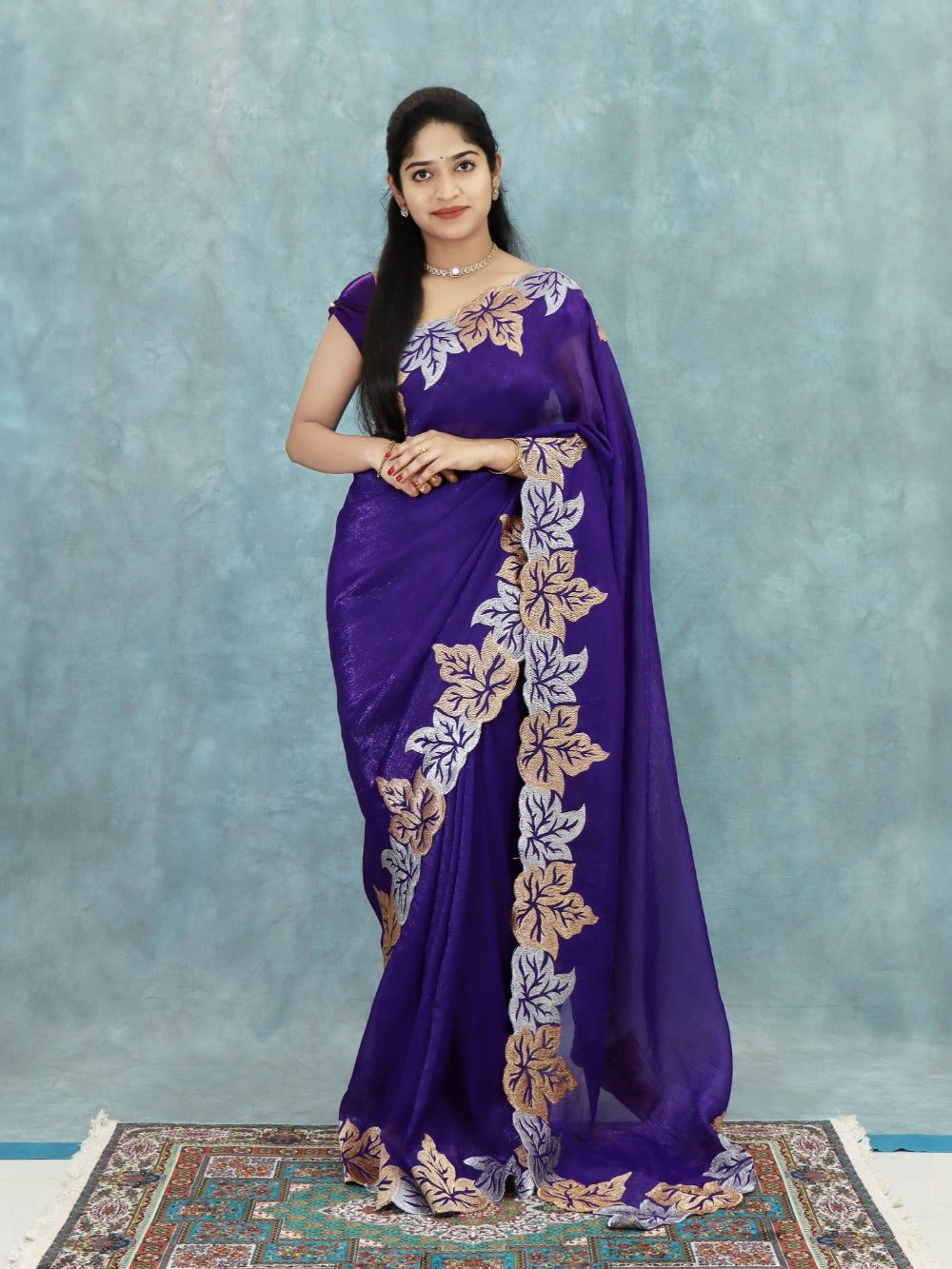 Violet Crunchy Crush Silk Saree with Leaf Motif Zari Embroidery, Cutwork Border & Running Blouse – Designer Launch