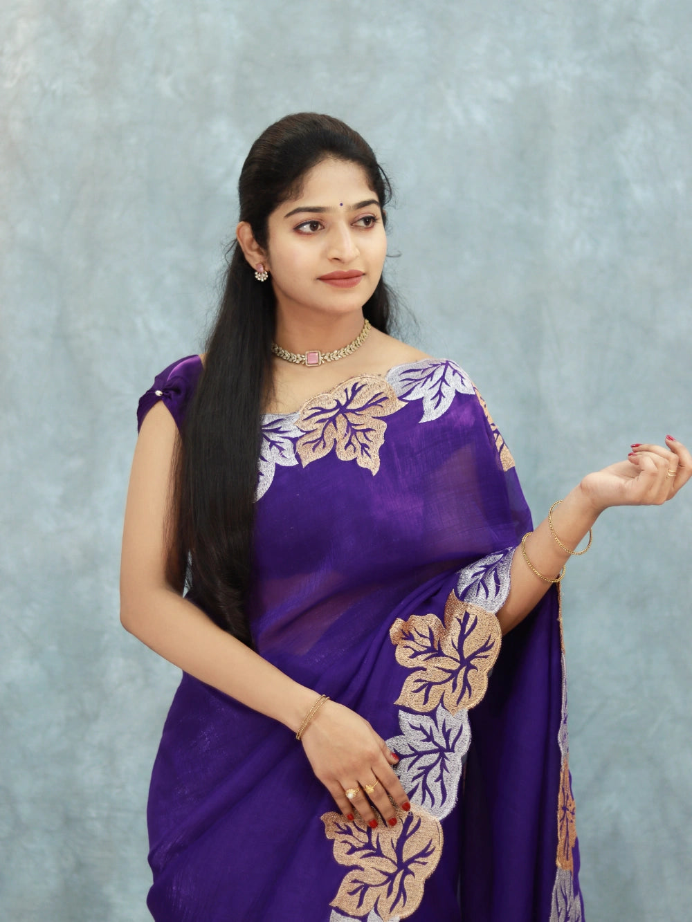 Violet Crunchy Crush Silk Saree with Leaf Motif Zari Embroidery, Cutwork Border & Running Blouse – Designer Launch