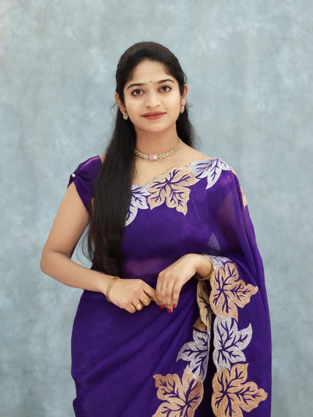 Violet Crunchy Crush Silk Saree with Leaf Motif Zari Embroidery, Cutwork Border & Running Blouse – Designer Launch