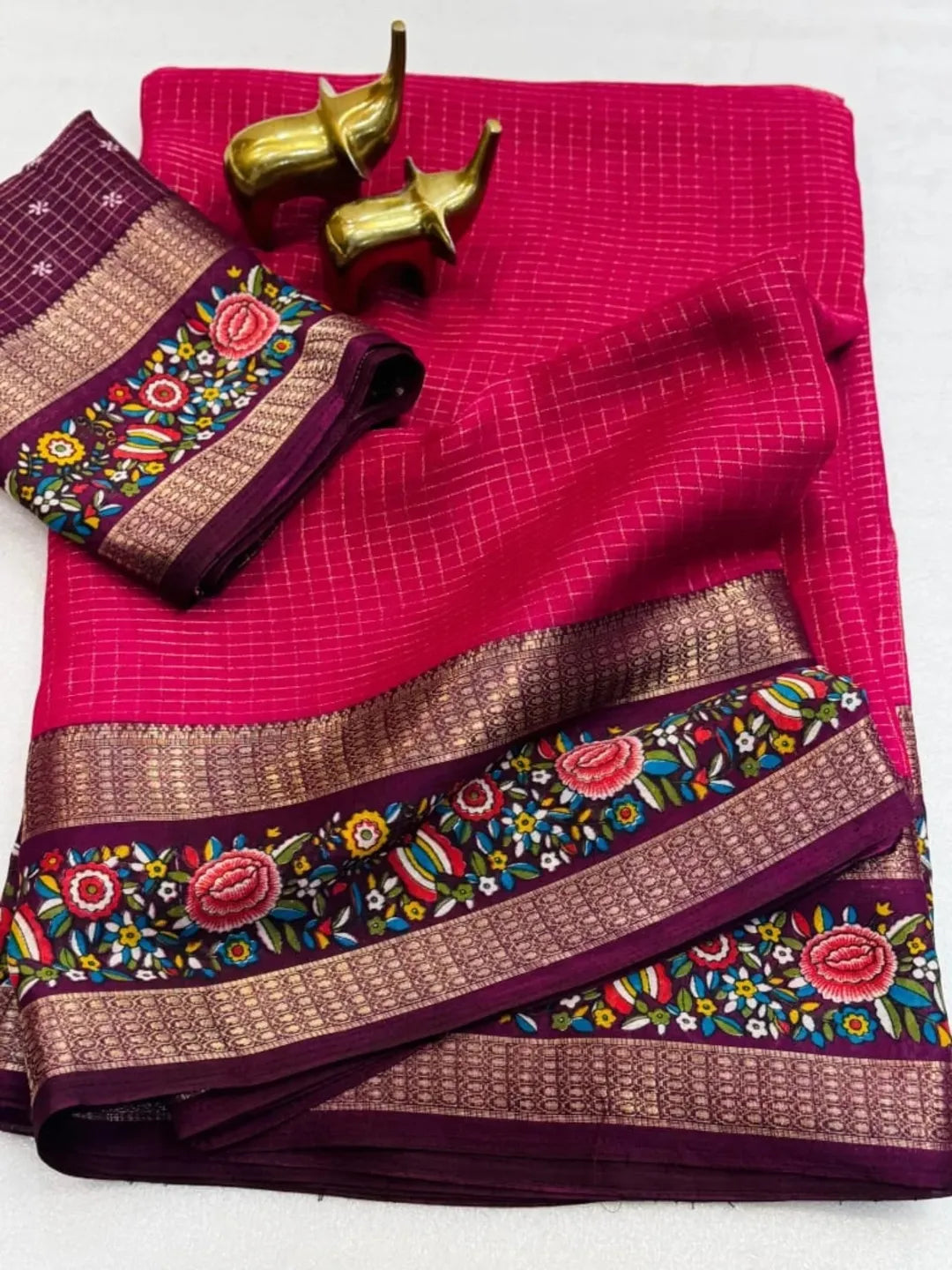 Premium Massmello Weaving Saree with Zari Checks, Double Border & Kalamkari Print