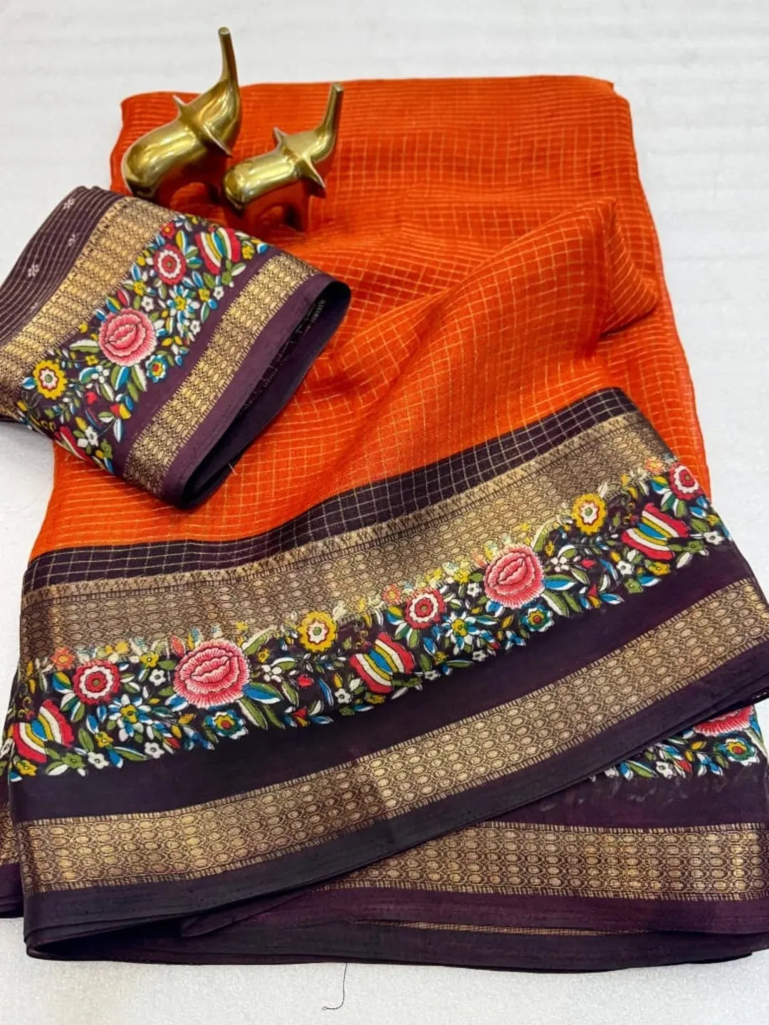 Premium Massmello Weaving Saree with Zari Checks, Double Border & Kalamkari Print
