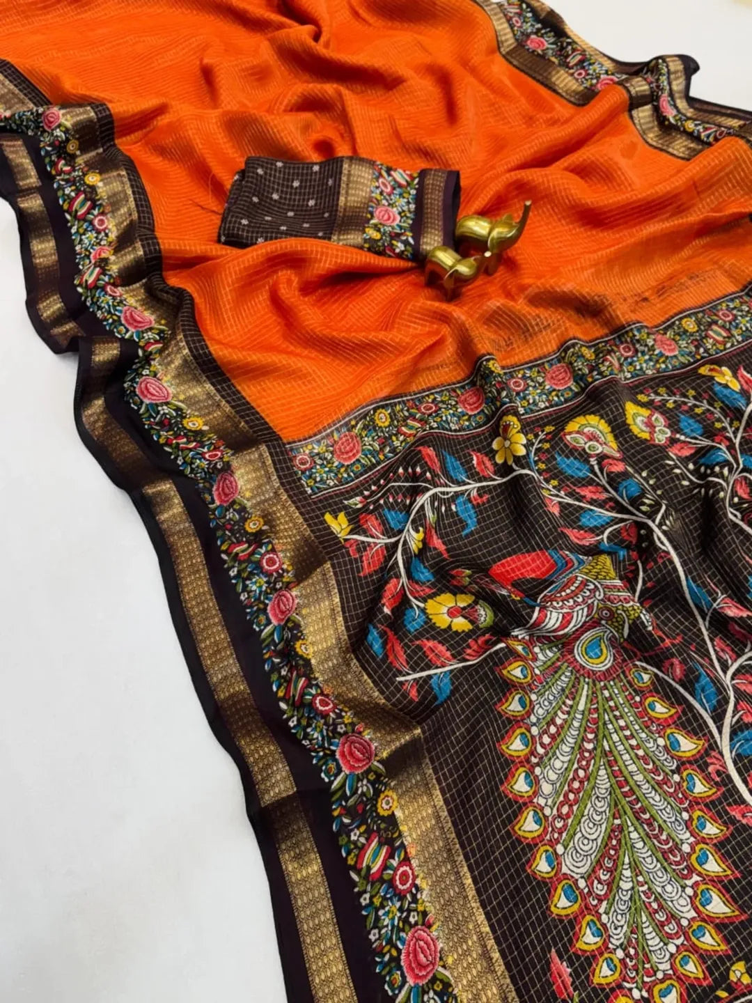 Premium Massmello Weaving Saree with Zari Checks, Double Border & Kalamkari Print