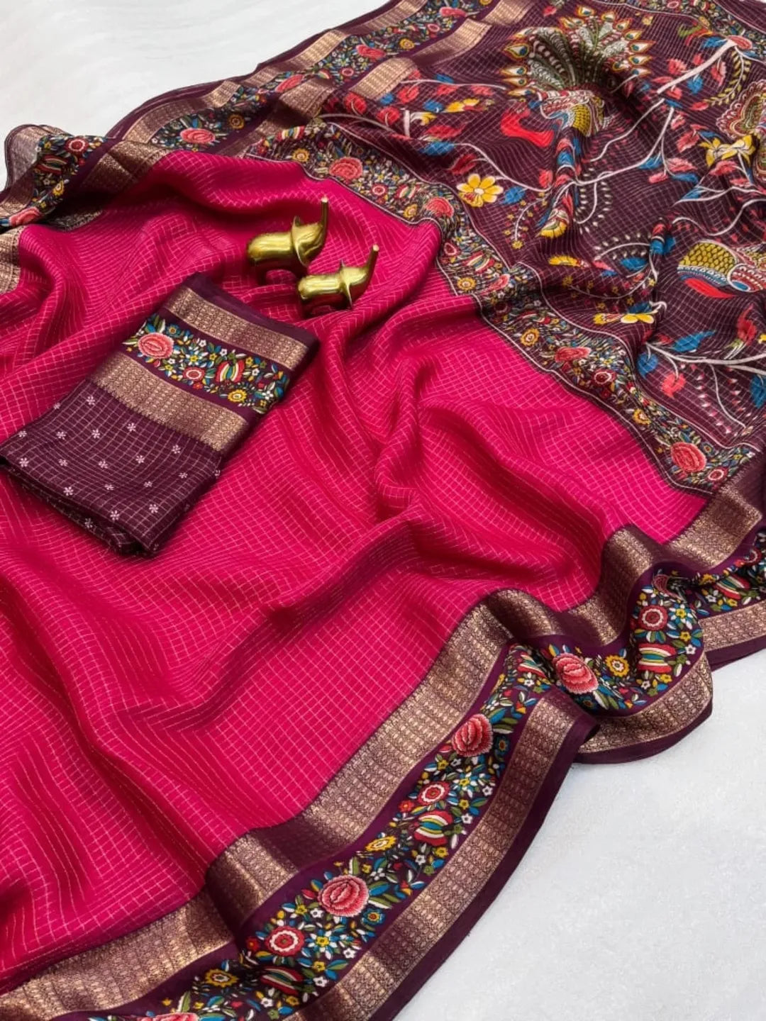 Premium Massmello Weaving Saree with Zari Checks, Double Border & Kalamkari Print