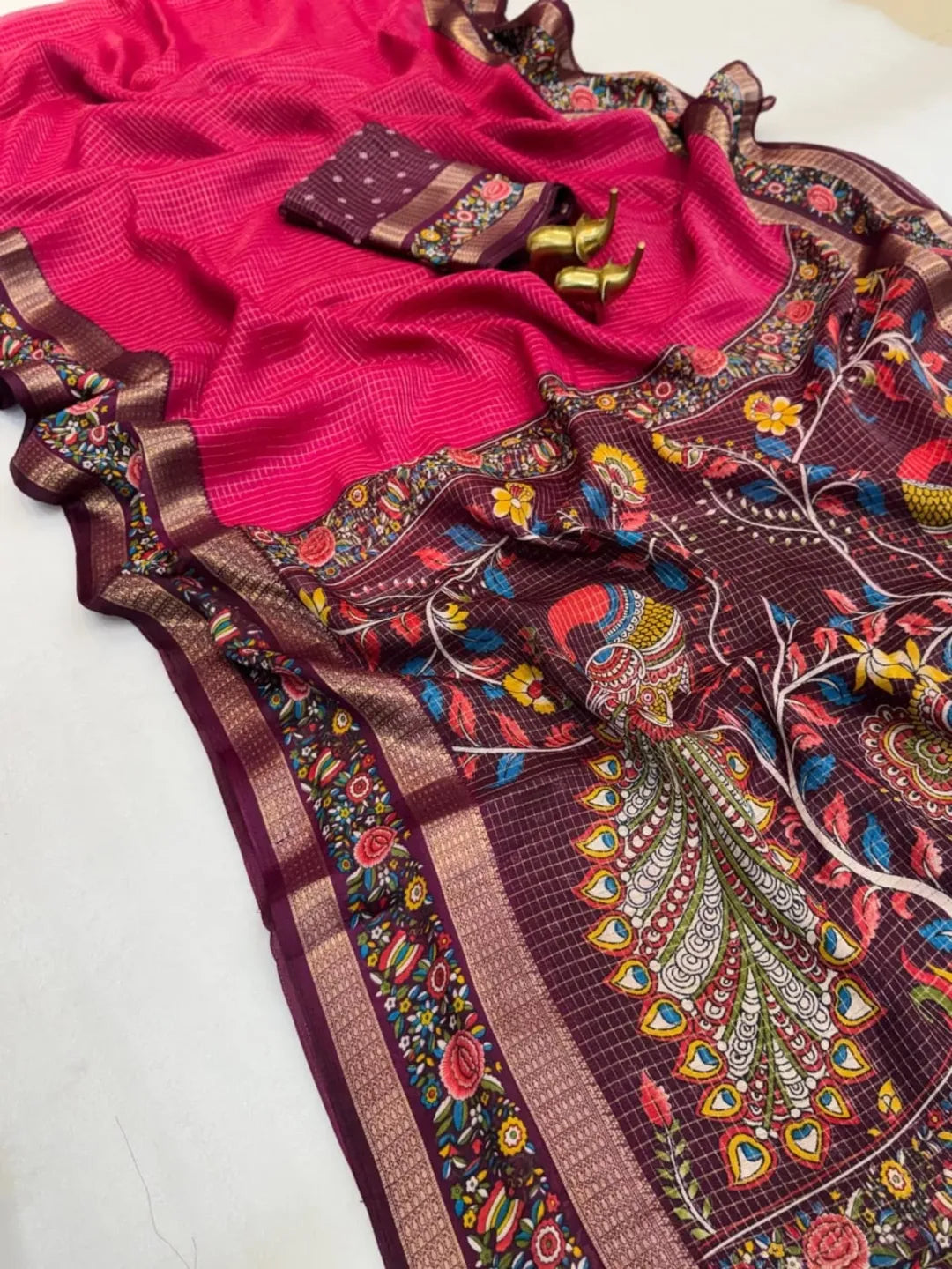 Premium Massmello Weaving Saree with Zari Checks, Double Border & Kalamkari Print