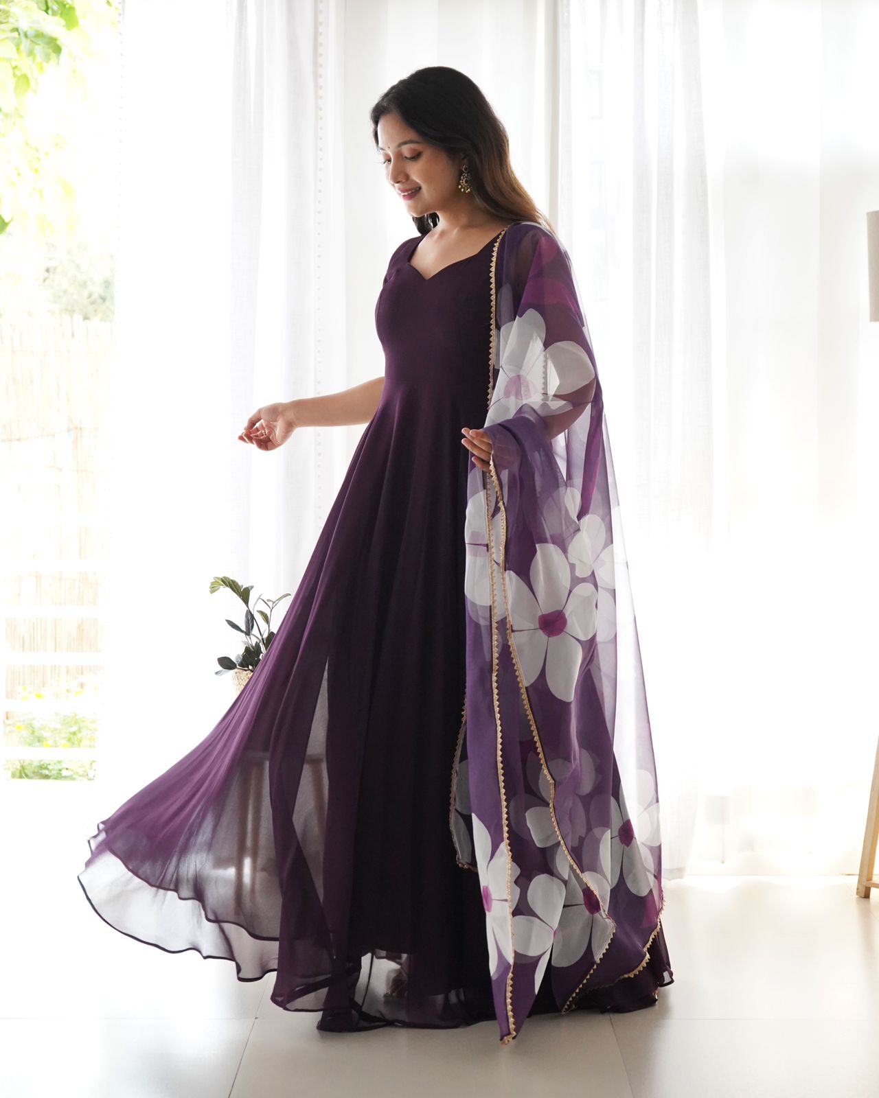 Wine Color Net Embroidered Anarkali Gowns with Dupatta - Clearance