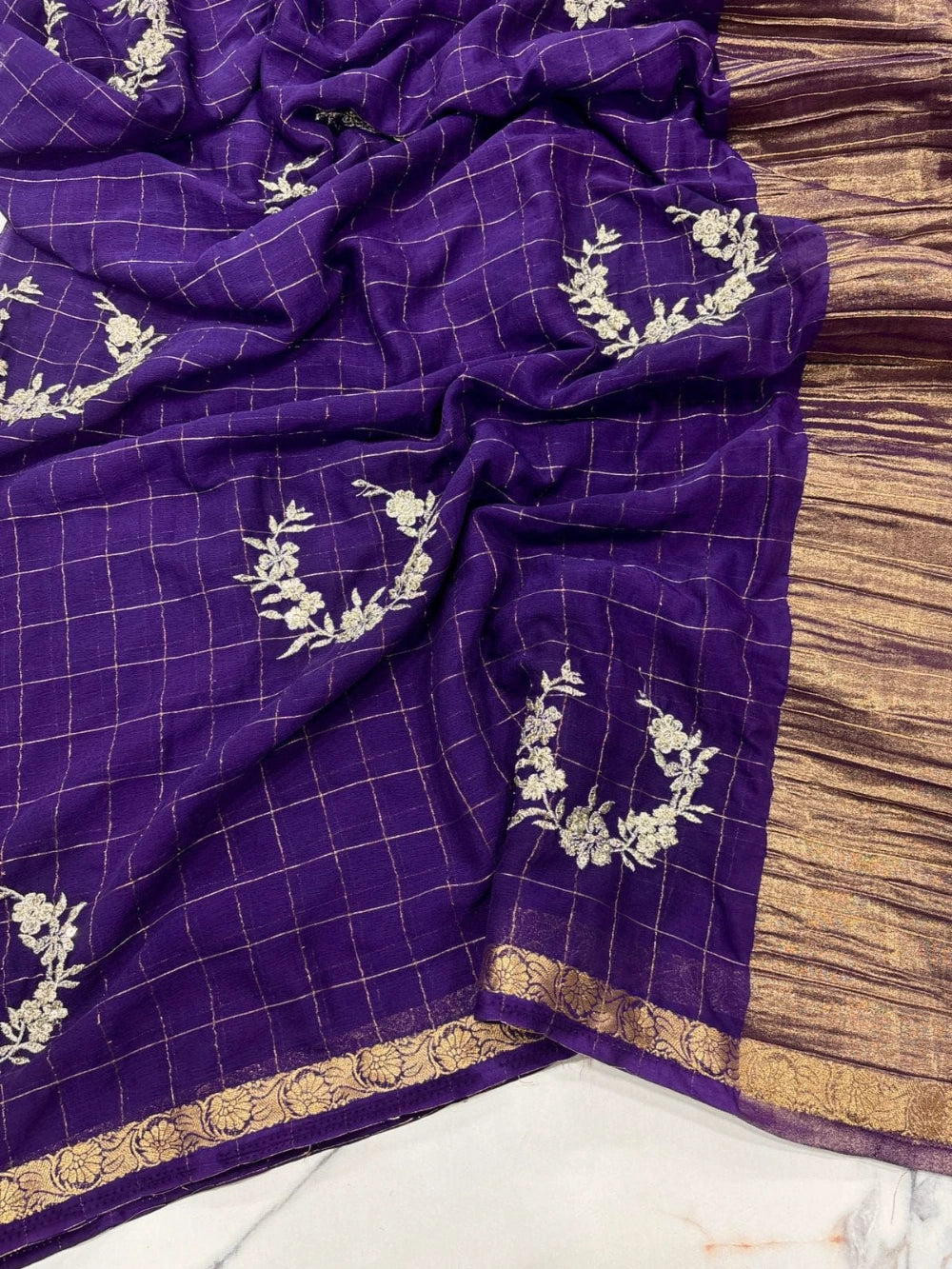 Chex Chinnon Viscose Saree with Jacquard Border & Floral Sequin Embroidery