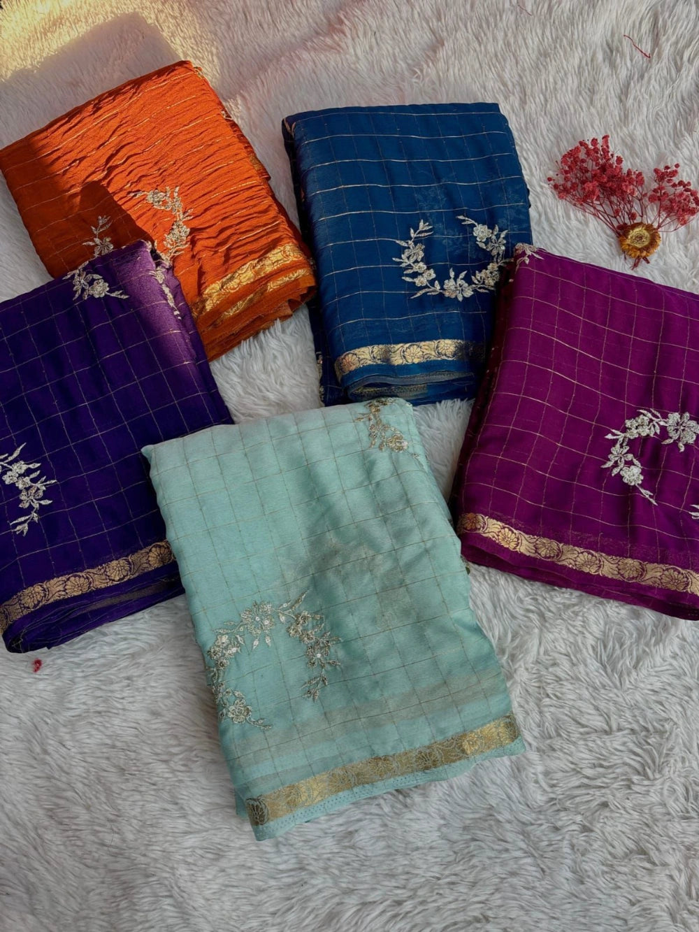 Chex Chinnon Viscose Saree with Jacquard Border & Floral Sequin Embroidery