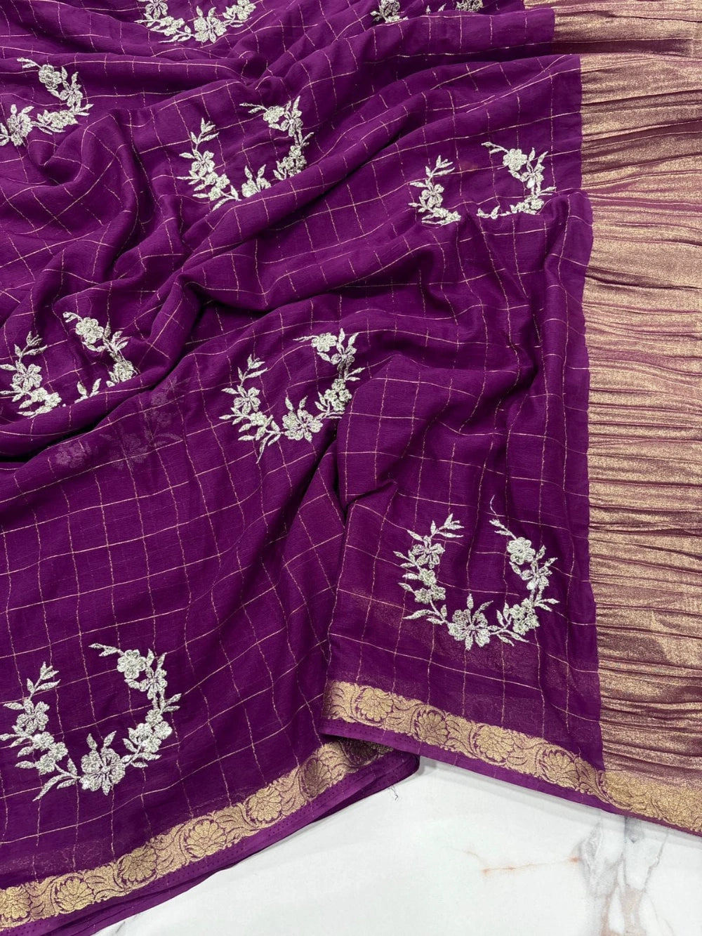 Chex Chinnon Viscose Saree with Jacquard Border & Floral Sequin Embroidery