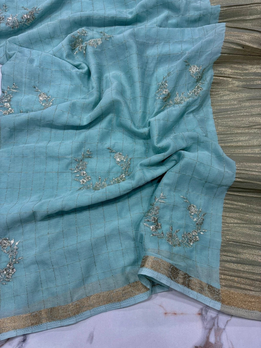 Chex Chinnon Viscose Saree with Jacquard Border & Floral Sequin Embroidery