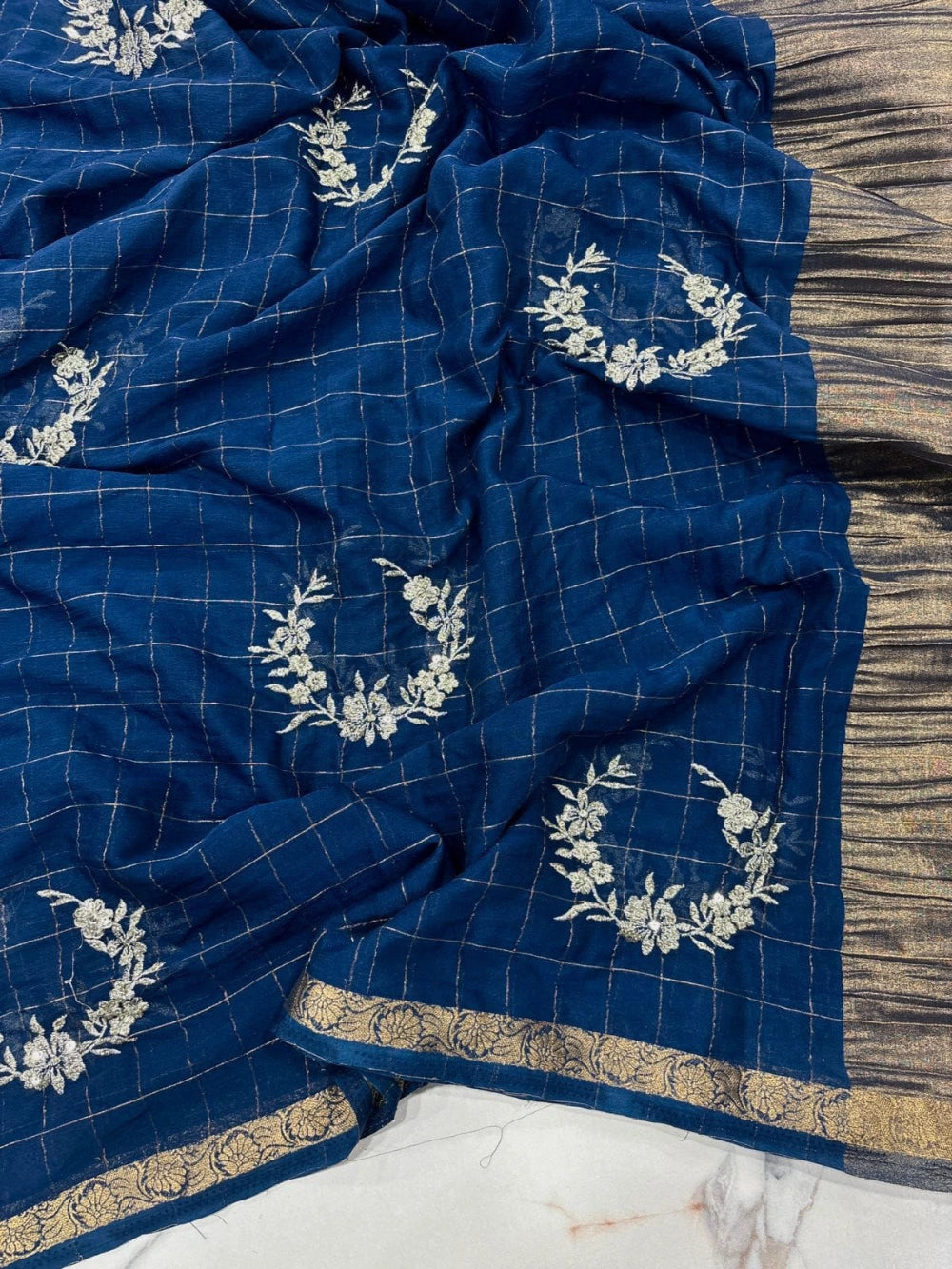 Chex Chinnon Viscose Saree with Jacquard Border & Floral Sequin Embroidery