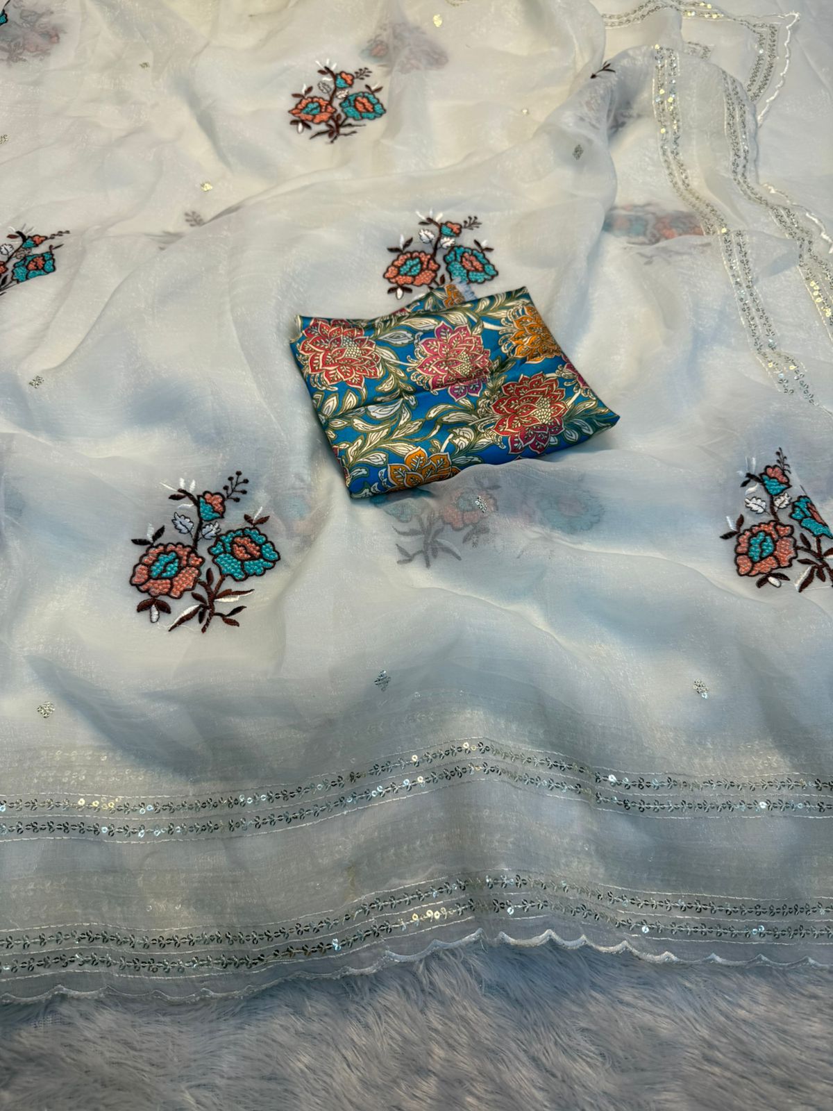 White Soft Crunchy Organza Saree with Full Multi-Sequence Embroidery