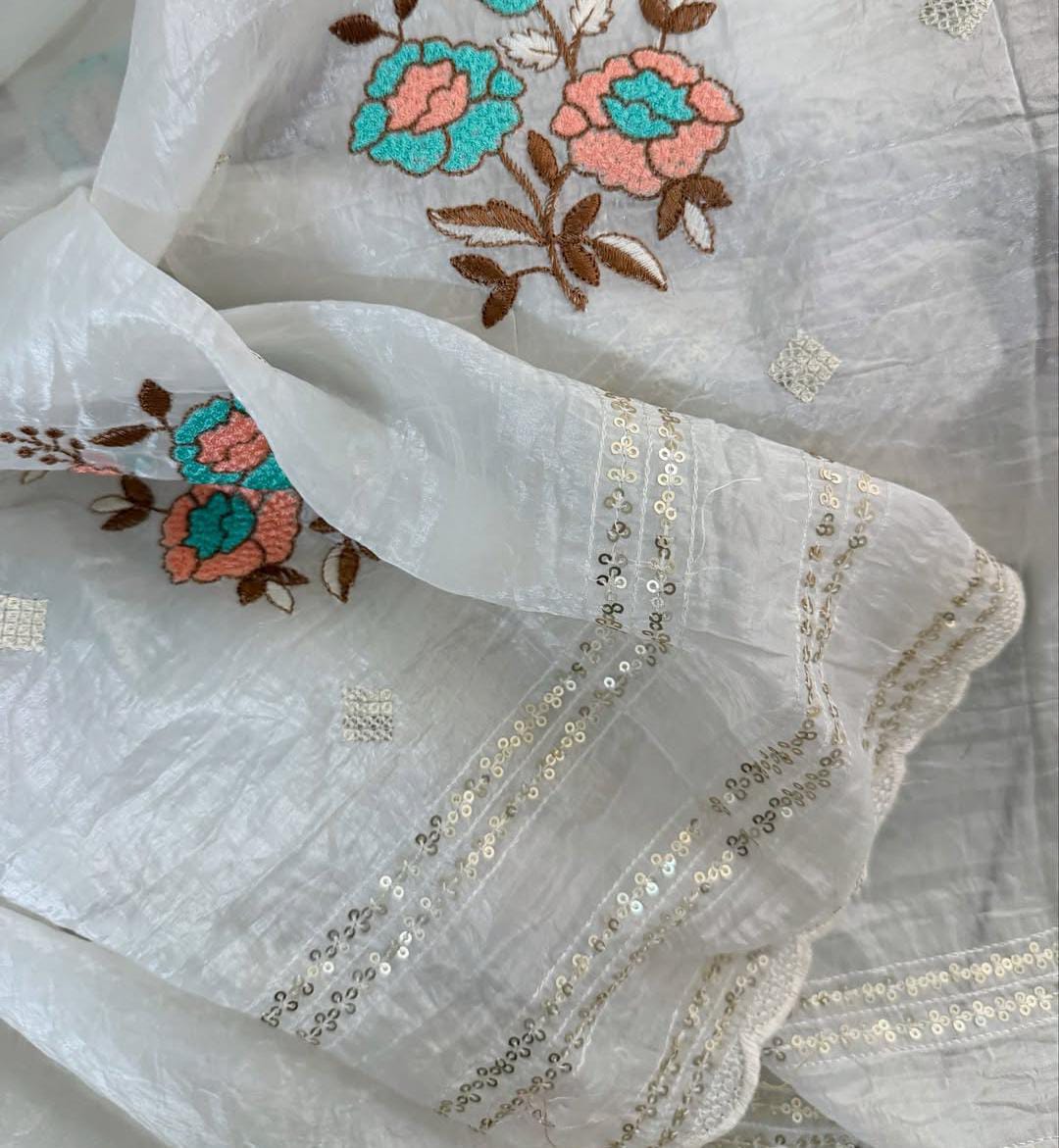 White Soft Crunchy Organza Saree with Full Multi-Sequence Embroidery