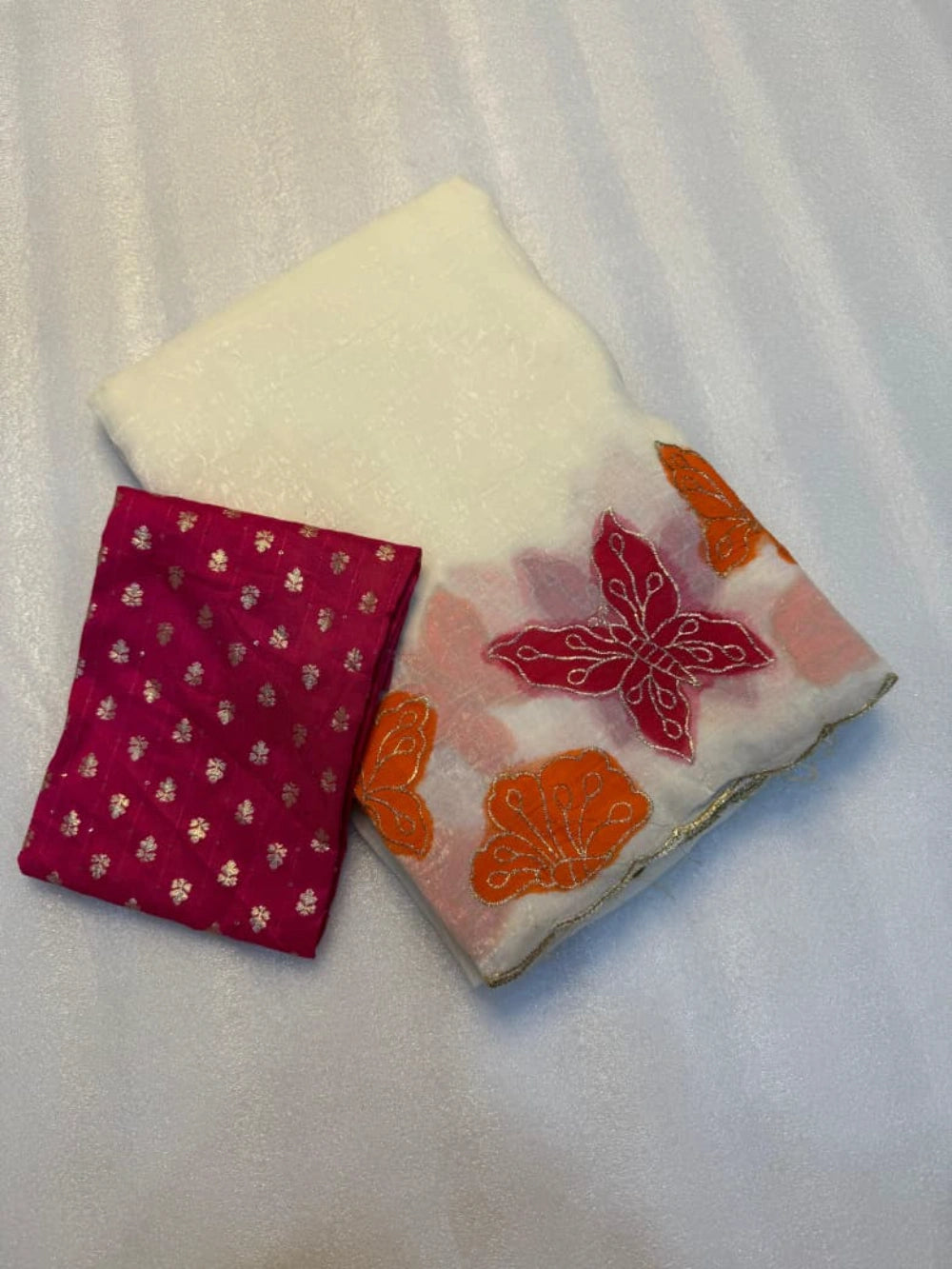 White Soft Crunchy Silk Saree with Matching Thread Embroidery & Contrast Embroidered Blouse