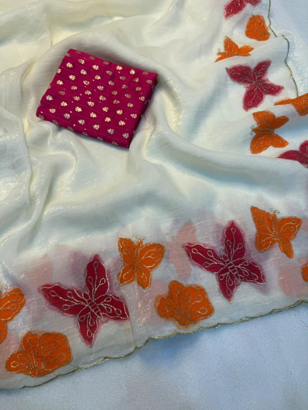 White Soft Crunchy Silk Saree with Matching Thread Embroidery & Contrast Embroidered Blouse