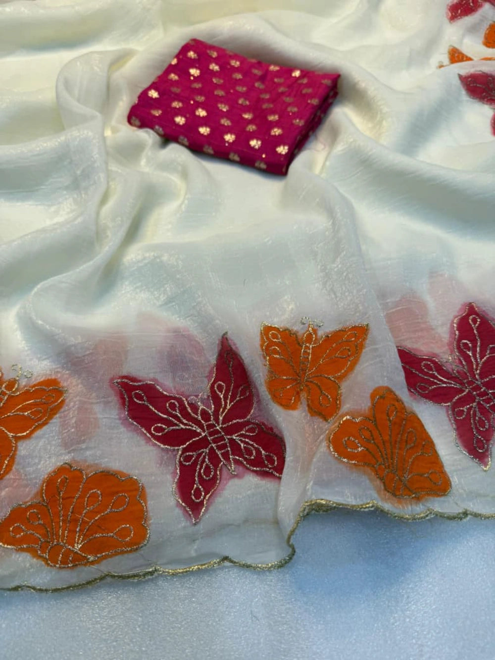 White Soft Crunchy Silk Saree with Matching Thread Embroidery & Contrast Embroidered Blouse