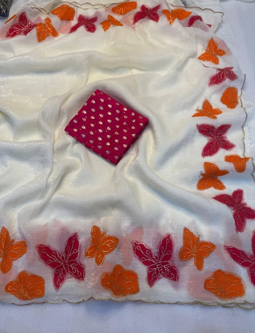 White Soft Crunchy Silk Saree with Matching Thread Embroidery & Contrast Embroidered Blouse