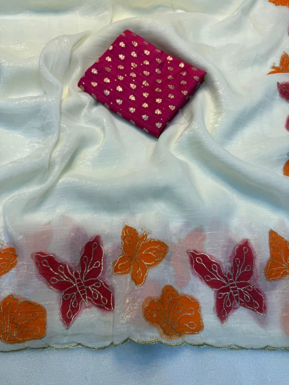 White Soft Crunchy Silk Saree with Matching Thread Embroidery & Contrast Embroidered Blouse