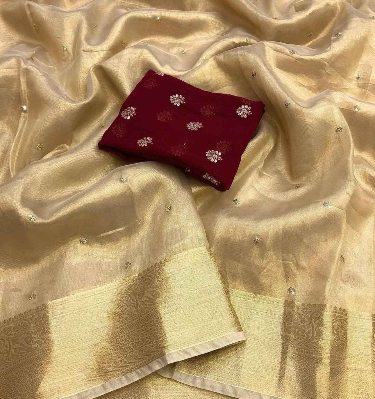 Gold Tissue Silk Saree with Embroidery, Sequins Butti, Jacquard Border & Chit Weaving Pallu – Contrast Designer Blouse Included