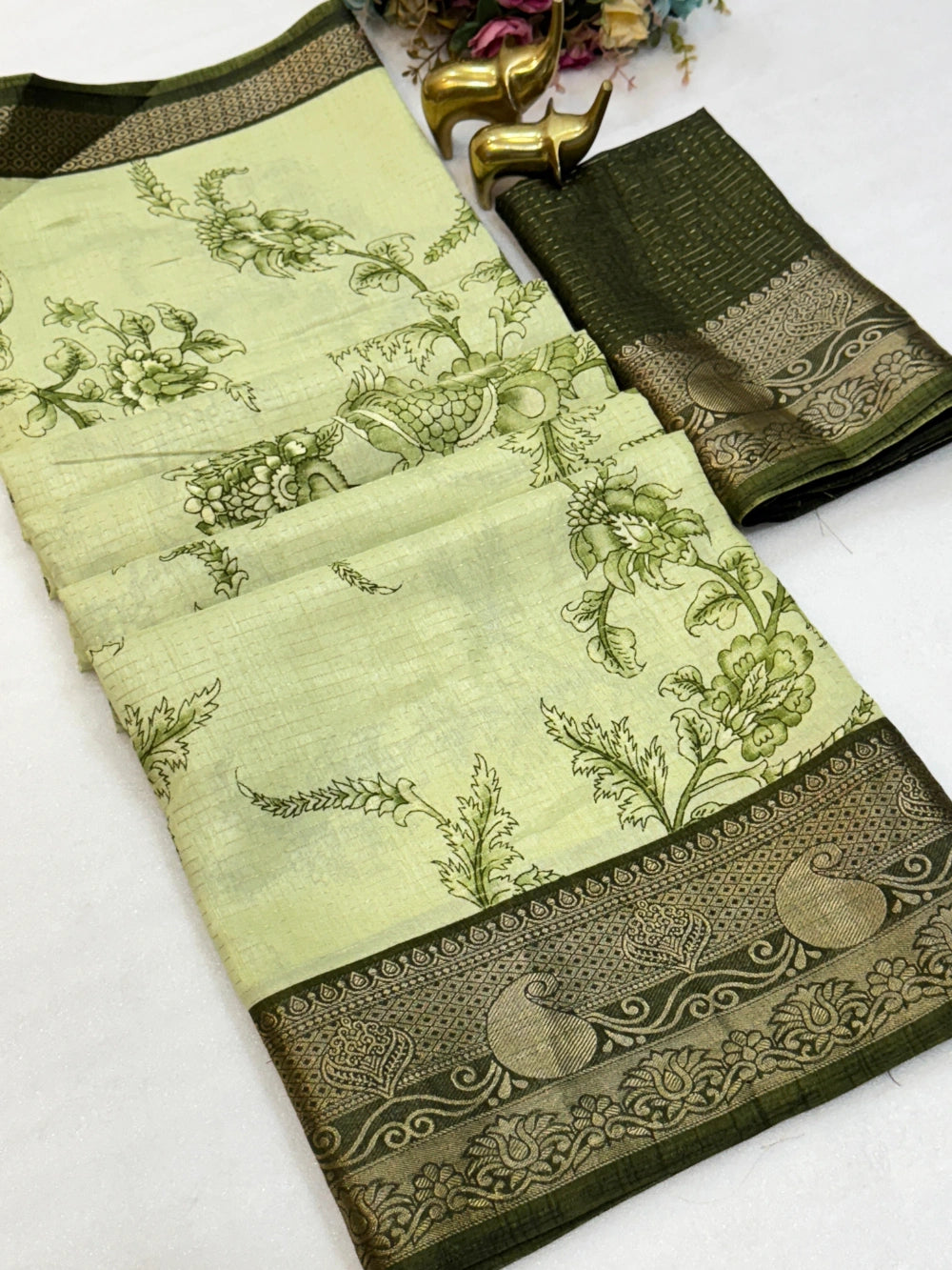 Dola Silk Saree with Kalamkari Print, Allover Zari Weaving & Jacquard Border – Super Running Blouse Included