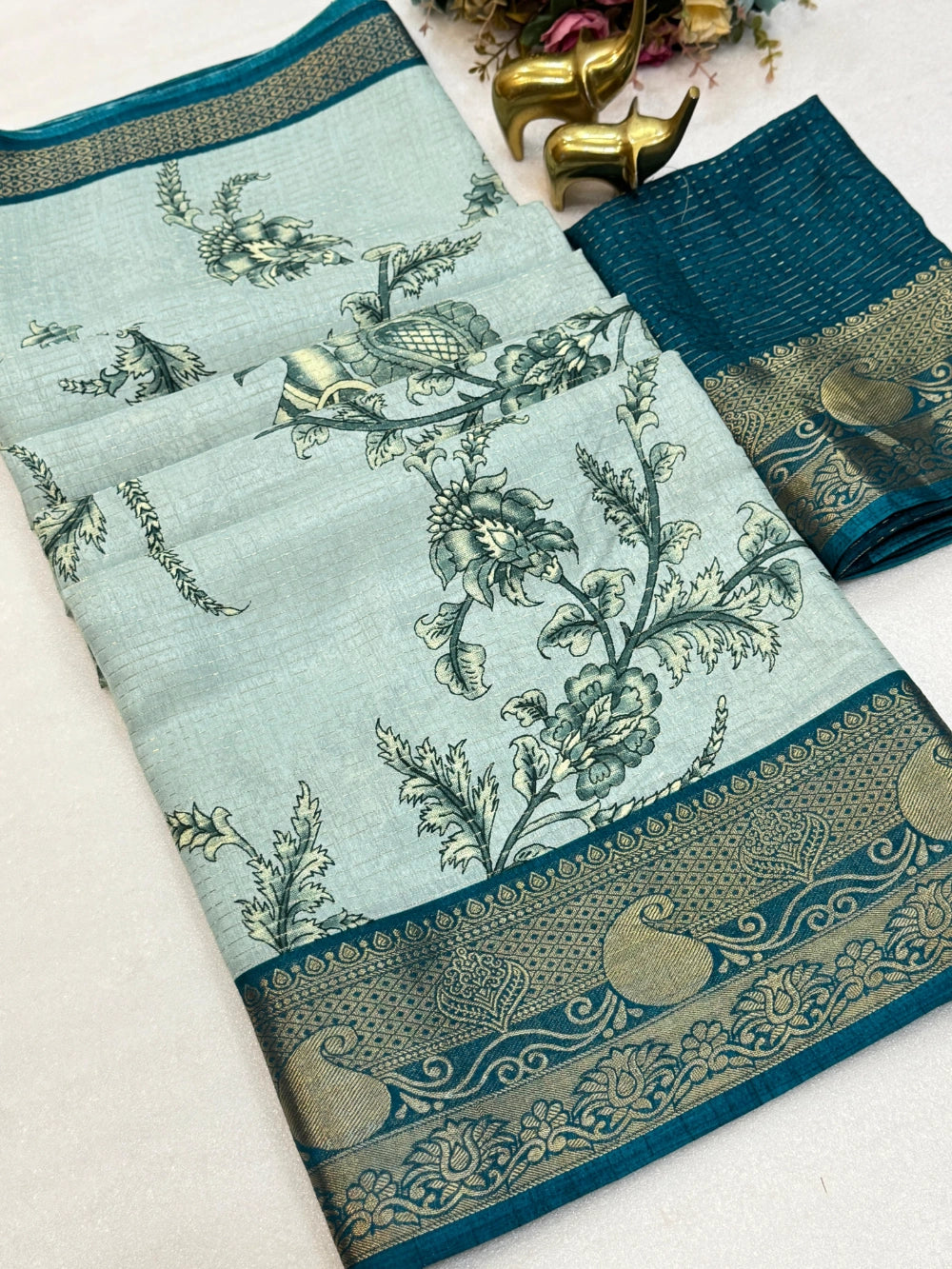 Dola Silk Saree with Kalamkari Print, Allover Zari Weaving & Jacquard Border – Super Running Blouse Included