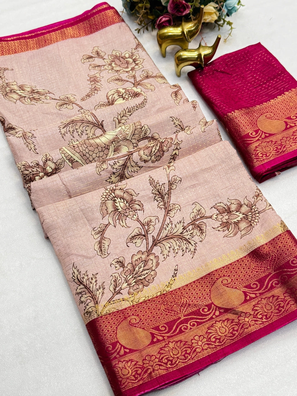 Dola Silk Saree with Kalamkari Print, Allover Zari Weaving & Jacquard Border – Super Running Blouse Included