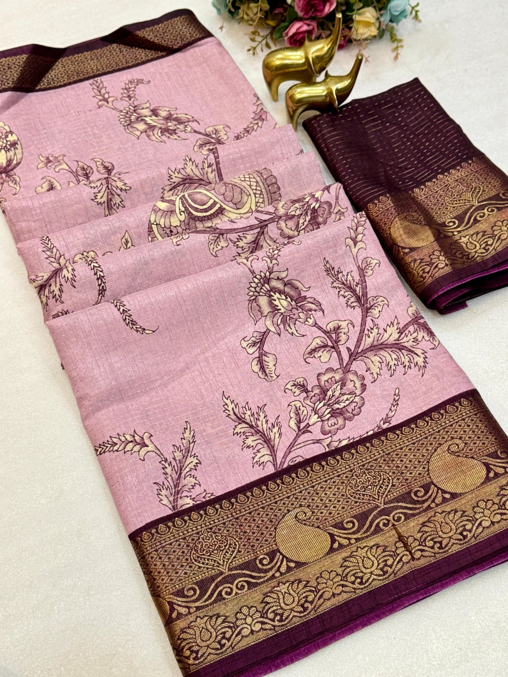 Dola Silk Saree with Kalamkari Print, Allover Zari Weaving & Jacquard Border – Super Running Blouse Included