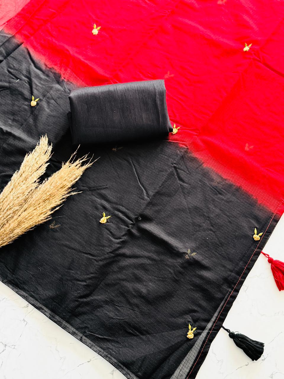 Premium Kota Doriya Viscose Saree with Red-Black Gradient