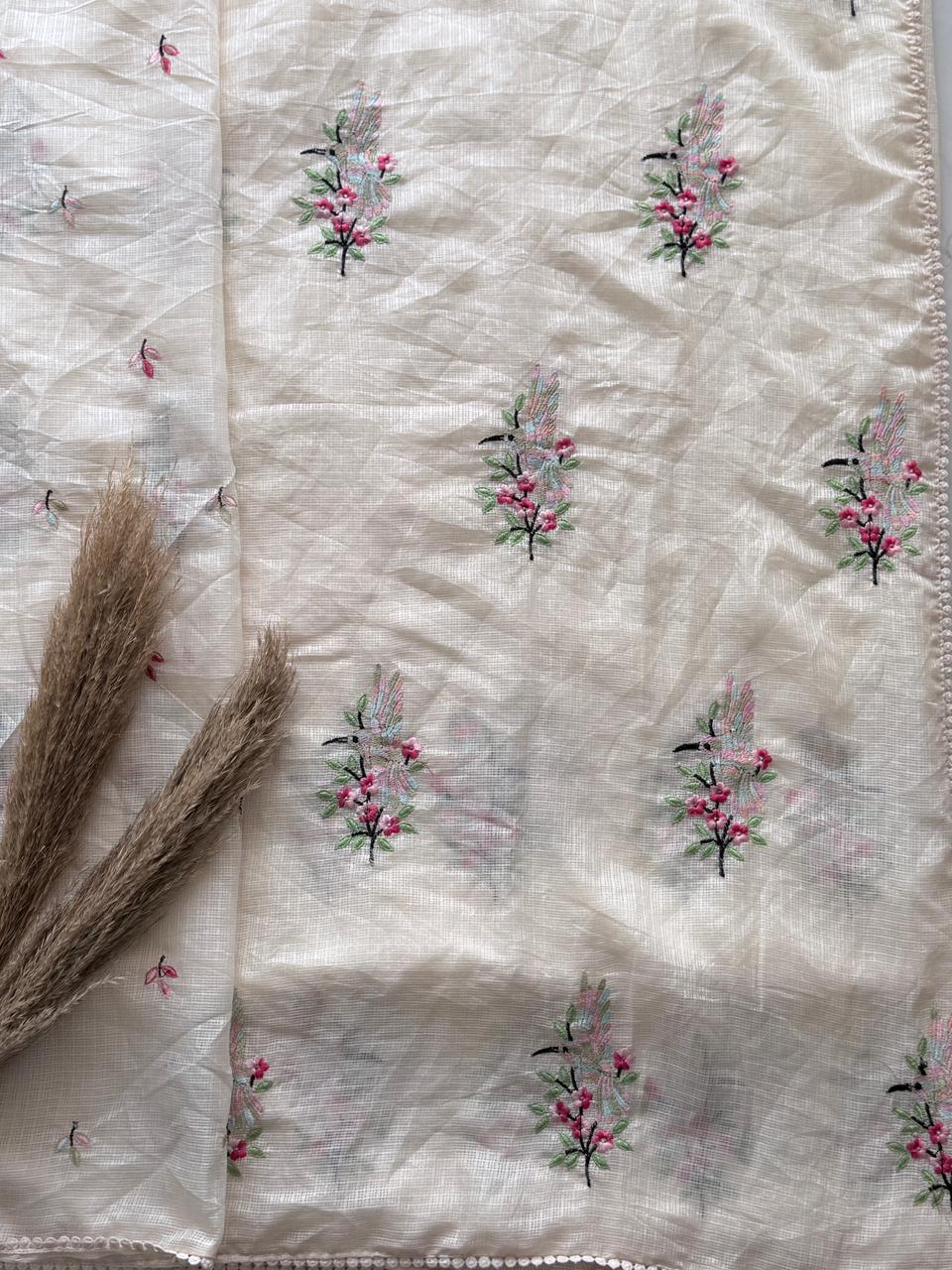 Premium Kota Doriya Silk Saree with Multicolor Rainbow Thread Work & Four-Side GPO Lace Border