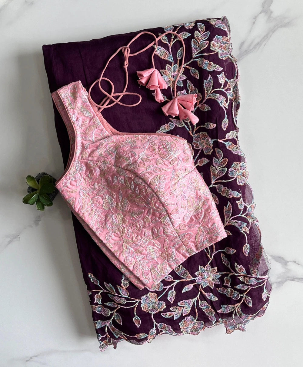 Premium Chanderi Saree with Multi-Thread Embroidery Pallu & Cutwork – Paired with Pure Chikankari Baby Pink Blouse