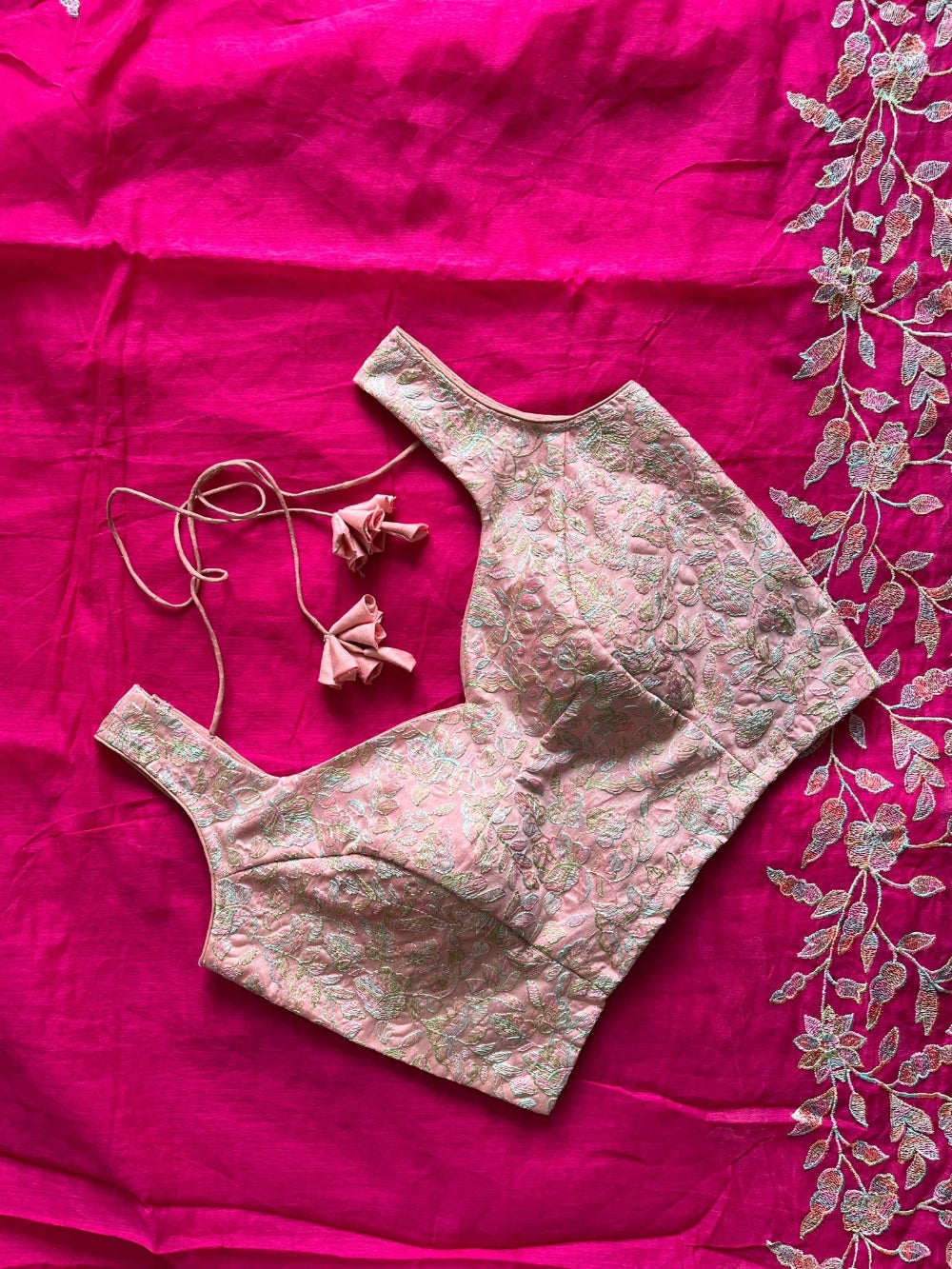 Premium Chanderi Saree with Multi-Thread Embroidery Pallu & Cutwork – Paired with Pure Chikankari Baby Pink Blouse