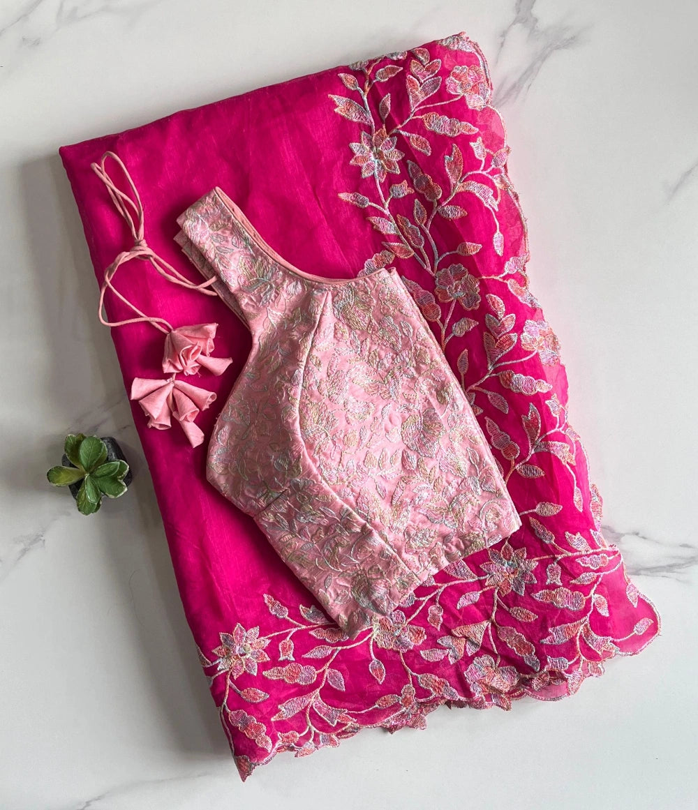 Premium Chanderi Saree with Multi-Thread Embroidery Pallu & Cutwork – Paired with Pure Chikankari Baby Pink Blouse