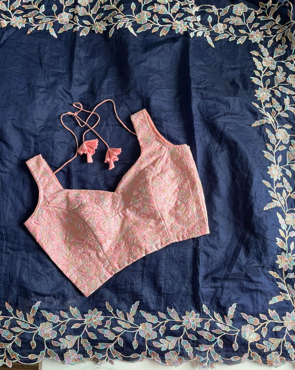 Premium Chanderi Saree with Multi-Thread Embroidery Pallu & Cutwork – Paired with Pure Chikankari Baby Pink Blouse