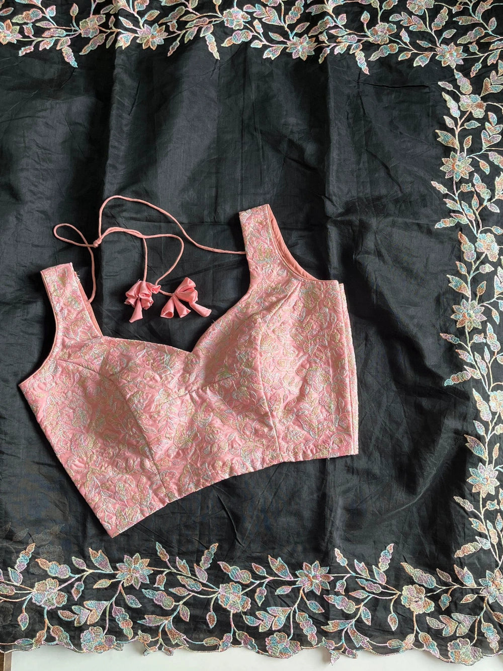 Premium Chanderi Saree with Multi-Thread Embroidery Pallu & Cutwork – Paired with Pure Chikankari Baby Pink Blouse