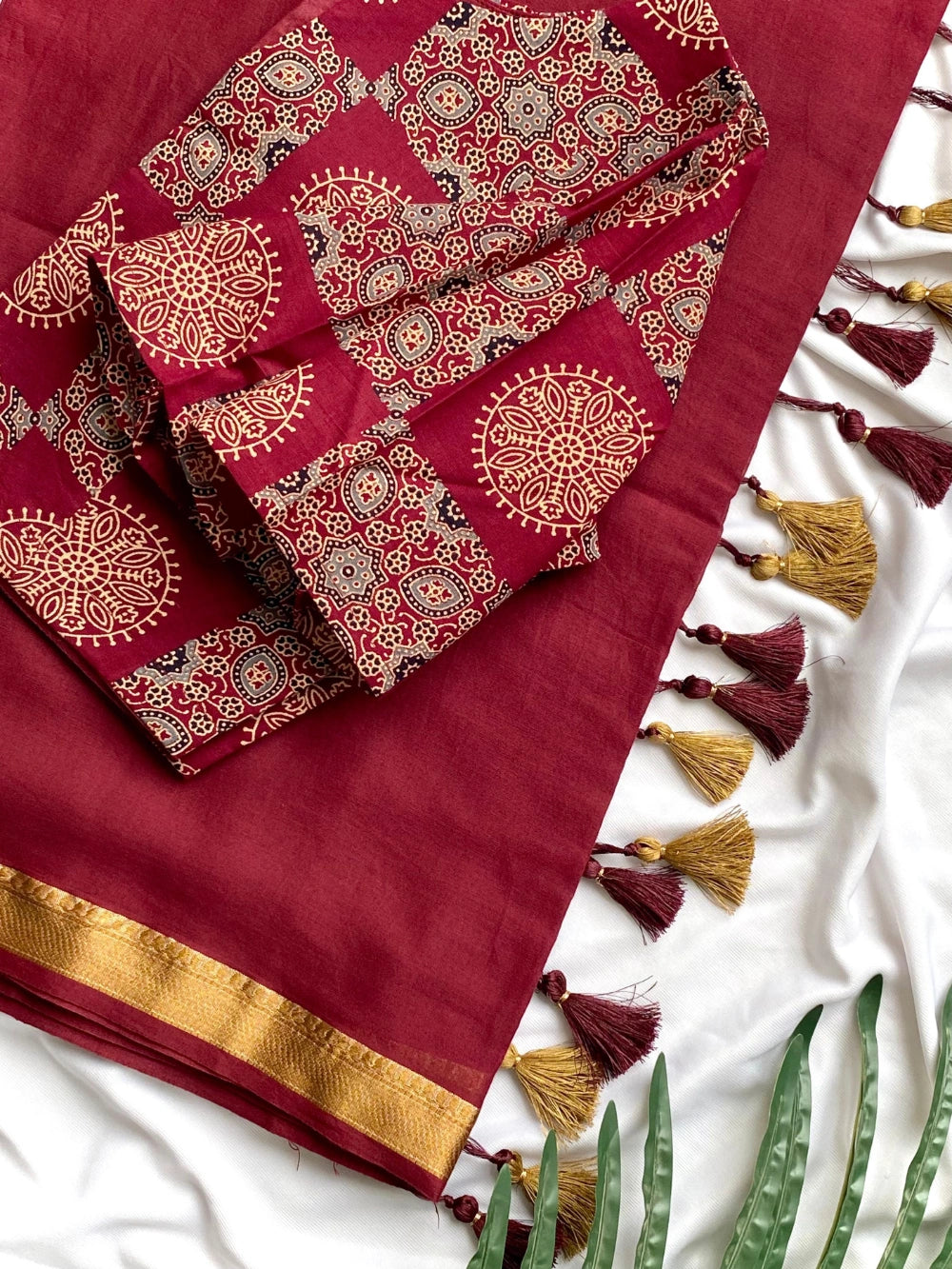 Pure Mul Cotton Saree in Maroon with Jacquard Border & Tassel Pallu