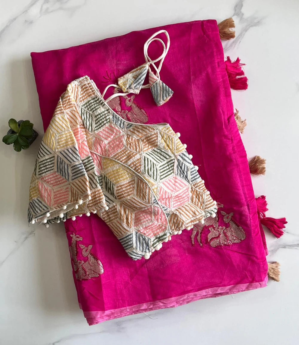 Premium Chanderi Saree with All-Over Deer Motif & Cotton Tassels – Paired with Pure Khadi Stitched Embroidered Blouse (Free Size)