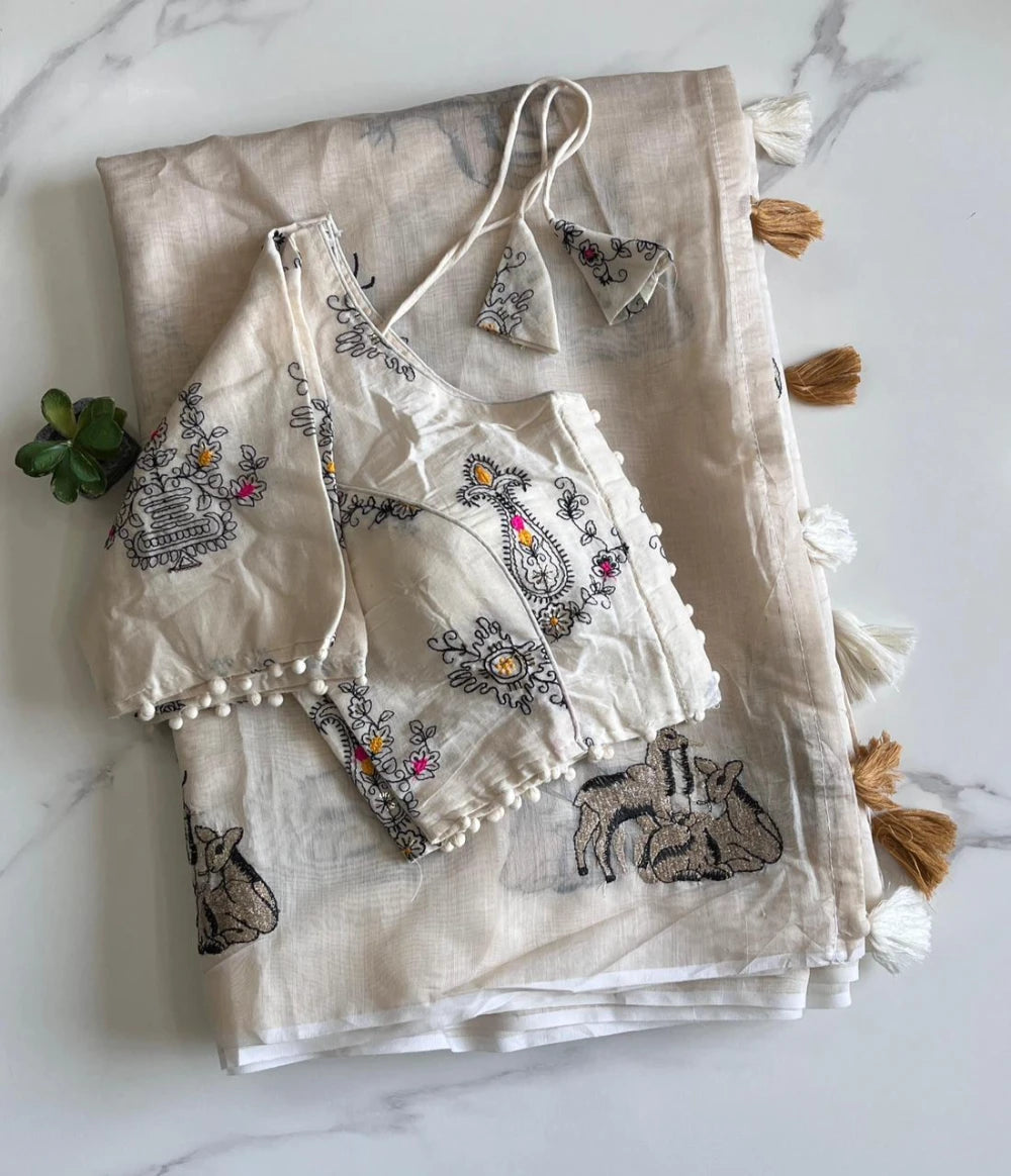 Premium Chanderi Saree with All-Over Deer Motif & Cotton Tassels – Paired with Pure Khadi Stitched Embroidered Blouse (Free Size)