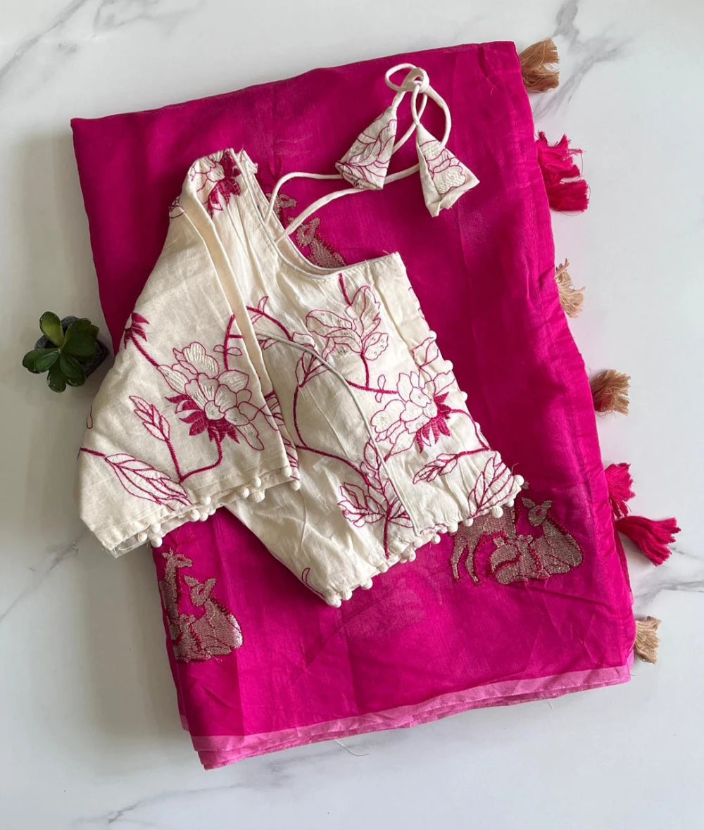 Premium Chanderi Saree with All-Over Deer Motif & Cotton Tassels – Paired with Pure Khadi Stitched Embroidered Blouse (Free Size)